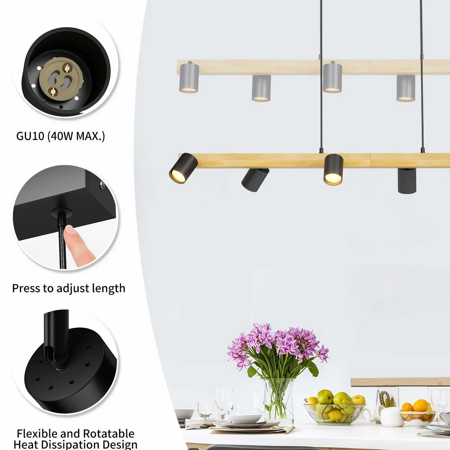 LVWIT Czarne lampy wiszące, lampy wyspowe do kuchni GU10, drewniane lampy sufitowe, lampa sufitowa do jadalni z 6 podstawami, salonu, sypialni, przedpokoju (bez żarówek)