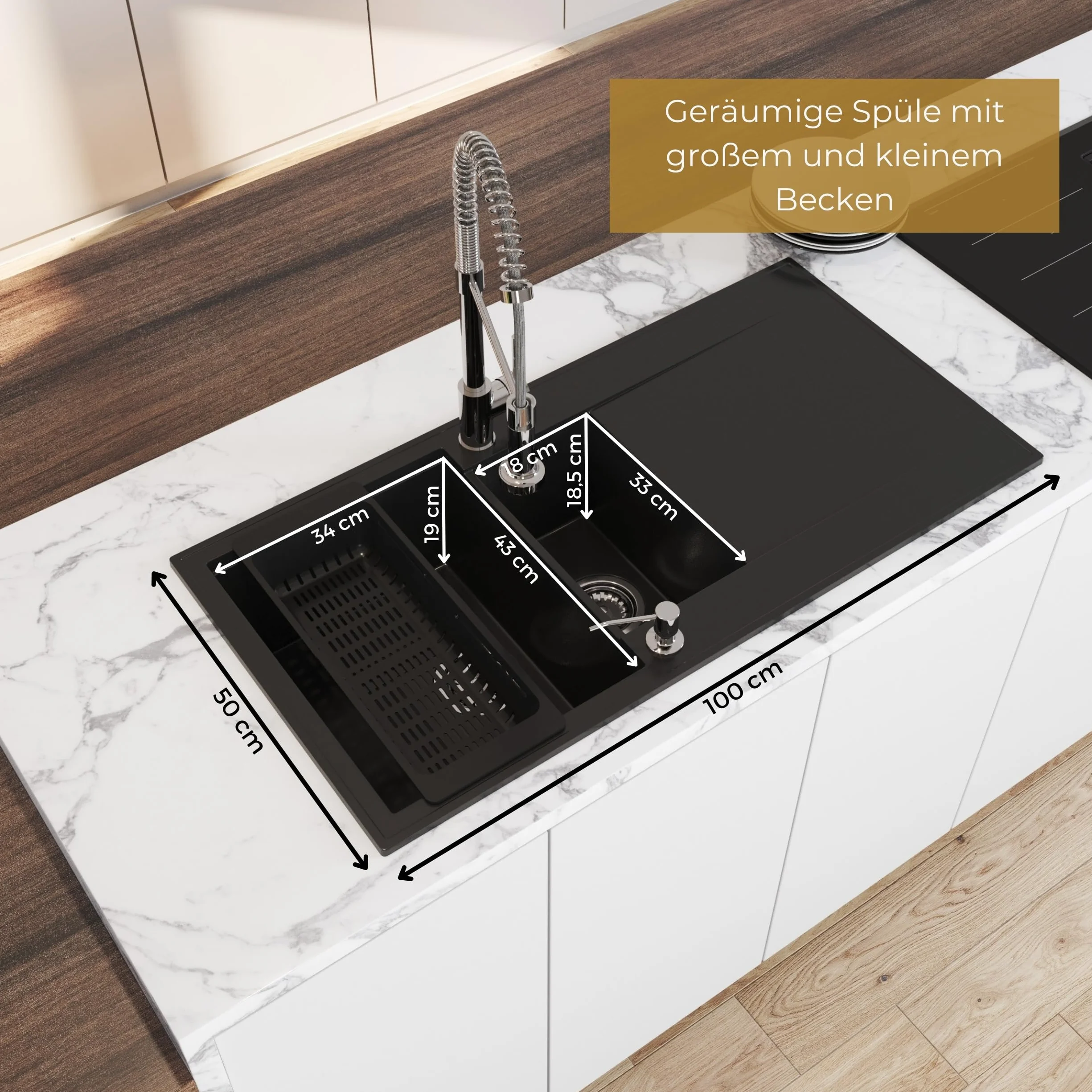 SINK Quality zlewozmywak beżowy 100 x 50 cm, zlewozmywak granitowy 1,5 umywalka, zlewozmywak z syfonem i środkiem impregnującym, zlewozmywak kuchenny od szafki pod umywalkę 60