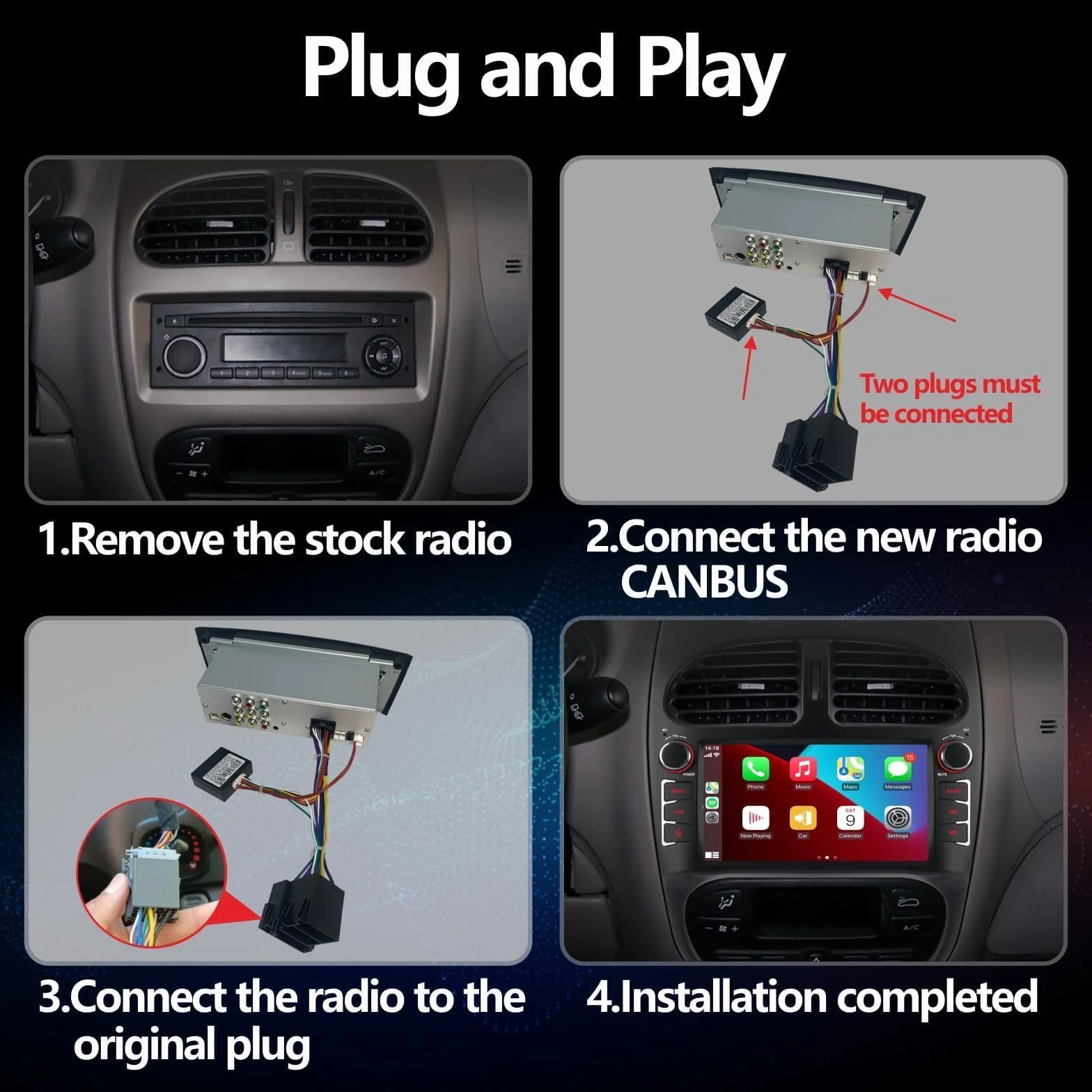 Radio samochodowe Carplay Android bezprzewodowy ekran dotykowy do Peugeot 206 206cc Citroen C2 (2002-2010) FM/AM/RDS Bluetooth
