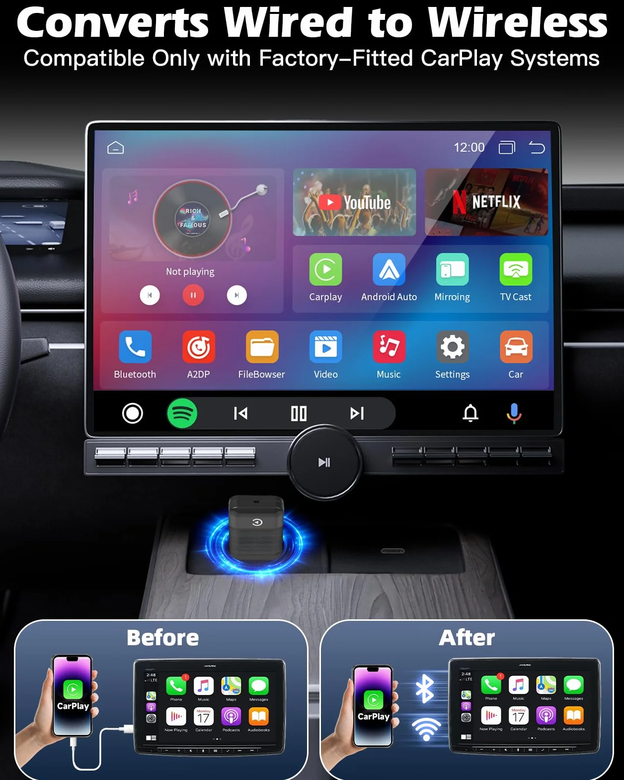 Bezprzewodowy adapter Carplay UK 2025, samochodowy klucz sprzętowy, konwertuje przewodowy na bezprzewodowy, USB i typ C, Bluetooth Mini Carplay kompatybilny z Apple iPhone iOS 10+ i samochodami 2016+