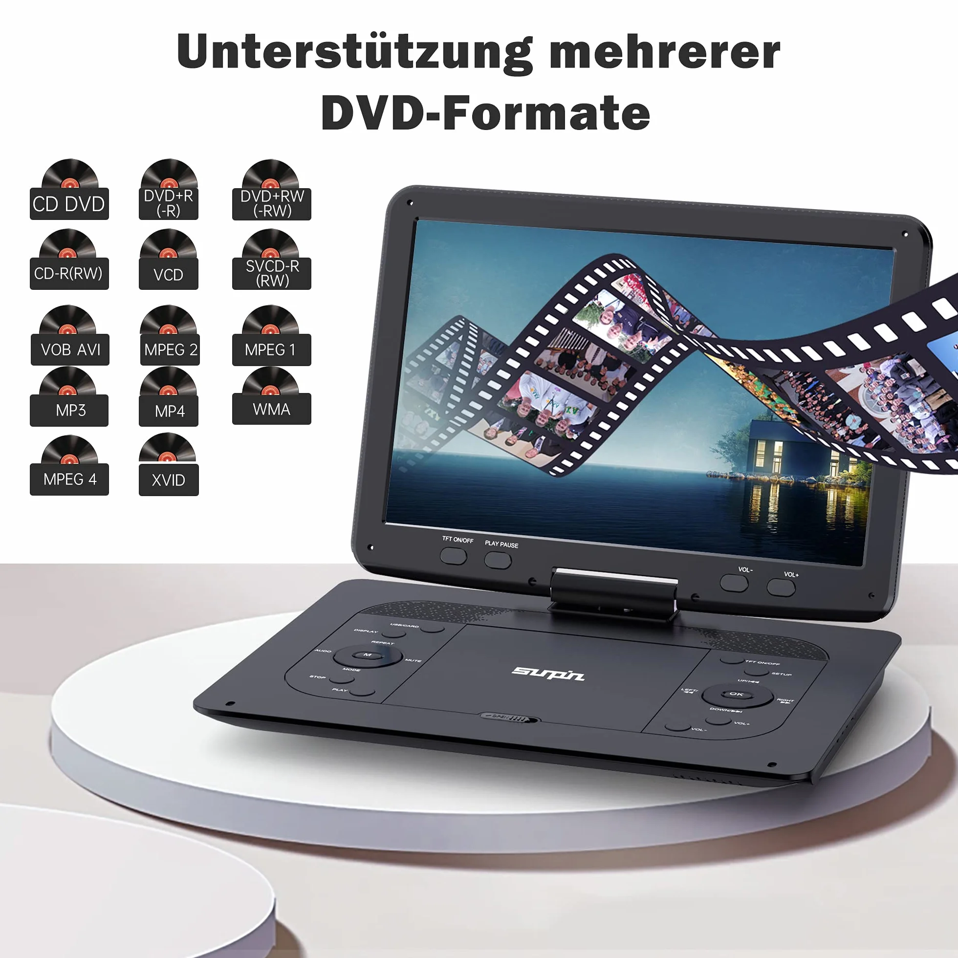 SUNPIN Przenośny Odtwarzacz DVD 16,9" z Ekranem HD 14,1", Dla Dzieci, z Wbudowaną Baterią 6 Godzin, Synchronizacja TV Video Player USB/Kart SD
