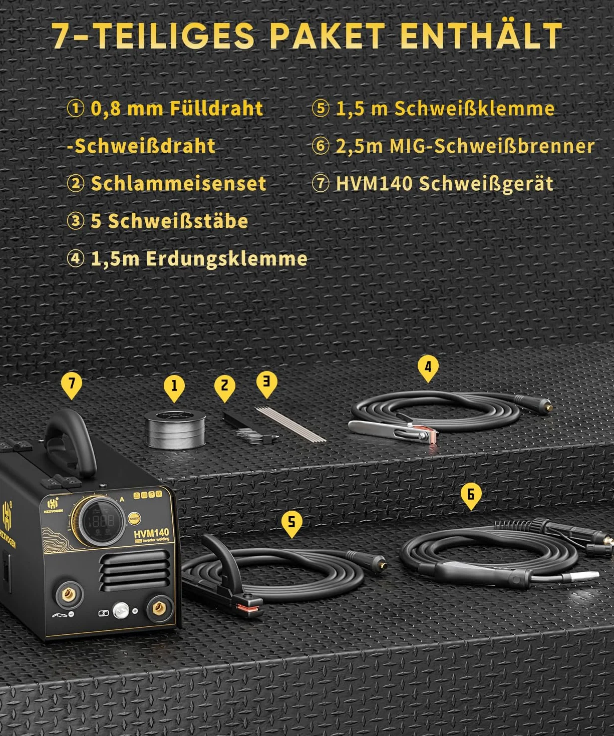 H HZXVOGEN Spawarka MIG 140A, 230V, spawarka rdzeniowa MIG/Lift TIG/Stick 3 w 1 z funkcją synergii, przenośna spawarka MIG bez gazu z inwertorem IGBT. Spawarka MIG dla początkujących (HVM140)