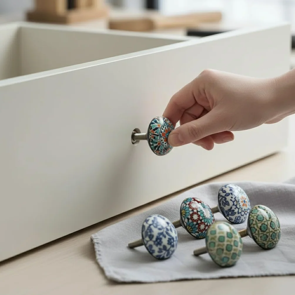 Zestaw 10 ręcznie malowanych pokrętła ceramicznych w różnych kolorach i kształtach. Ręcznie robione uchwyty do szafek, szuflad, komód i wieszaków. Klasyczne pokrętła ceramiczne średnicy 40mm
