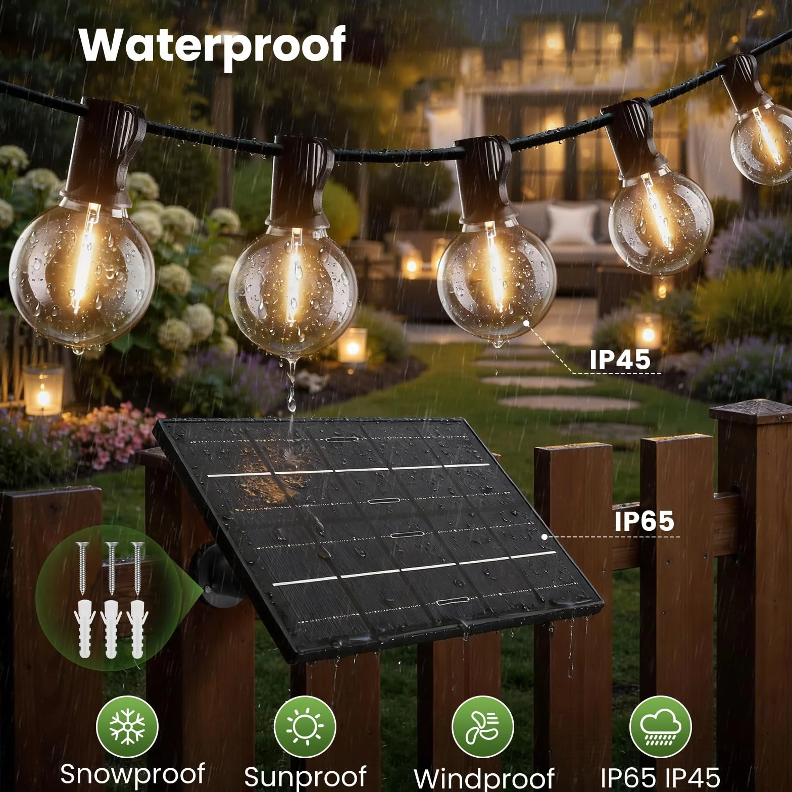 Yuusei Zewnętrzny łańcuch świetlny solarny, 30 m, oświetlenie zewnętrzne do ogrodu LED | IP65 wodoodporny i USB, 50 + 2 G40, nietłukące się globusy, do altany, balkonu, altany, patio, ślubu i przyjęć