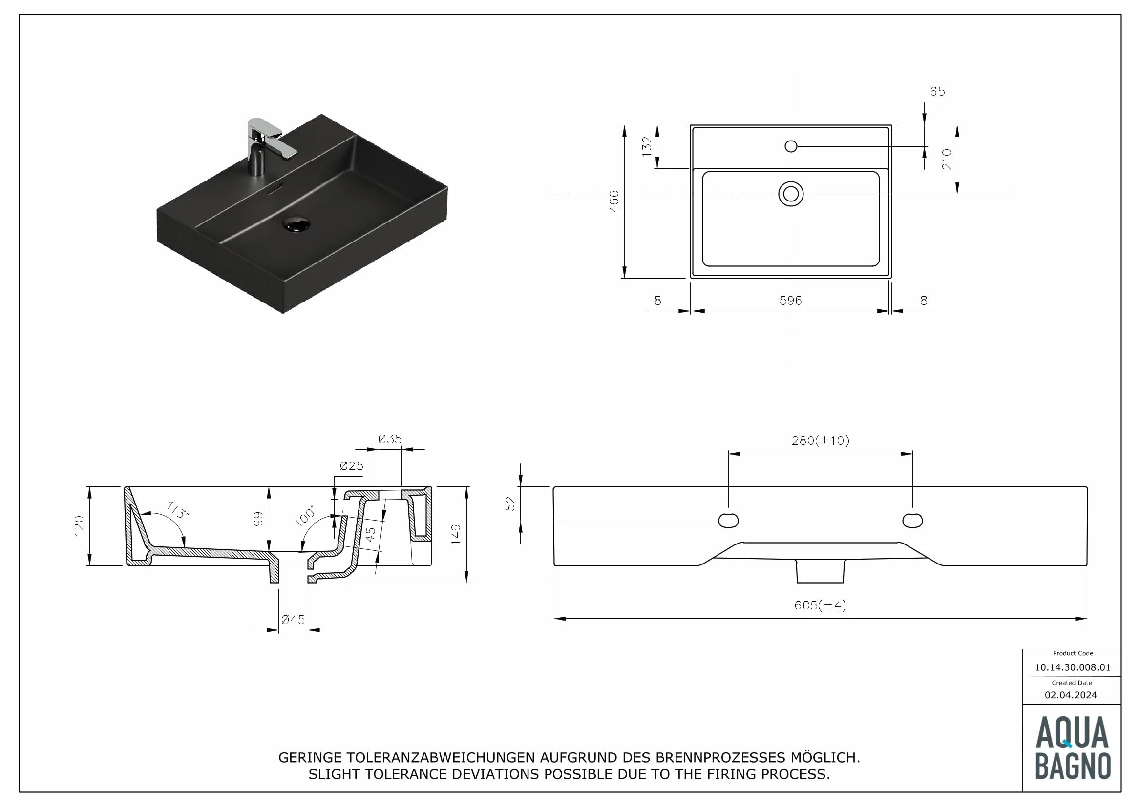 Aqua Bagno czarna matowa umywalka ceramiczna 60 cm – prostokątna umywalka nablatowa z otworem na baterię, nowoczesna, do łazienki i toalety