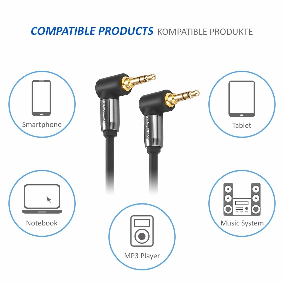 deleyCON 1,5m Jack 3,5 mm AUX Stereo Audio Kabel Kątowy 90° Czarny