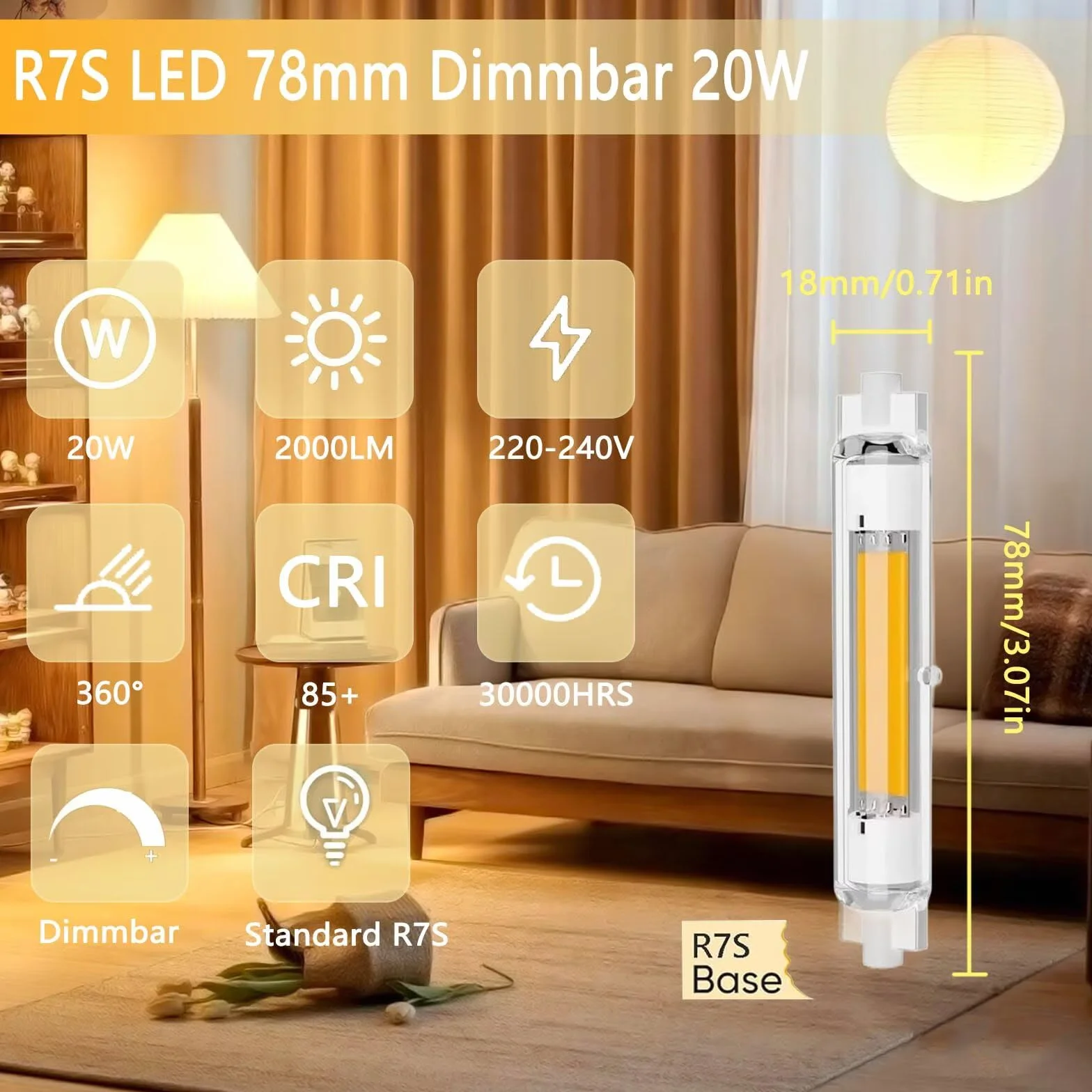 R7S żarówka LED 20 W, ściemniana, 78 mm, zamiennik do halogenu 200 W, 2000 lm, naturalna biel, 4000 K, bez migotania, energooszczędna, kąt świecenia 360°, 4-pak do oświetlenia wewnętrznego i