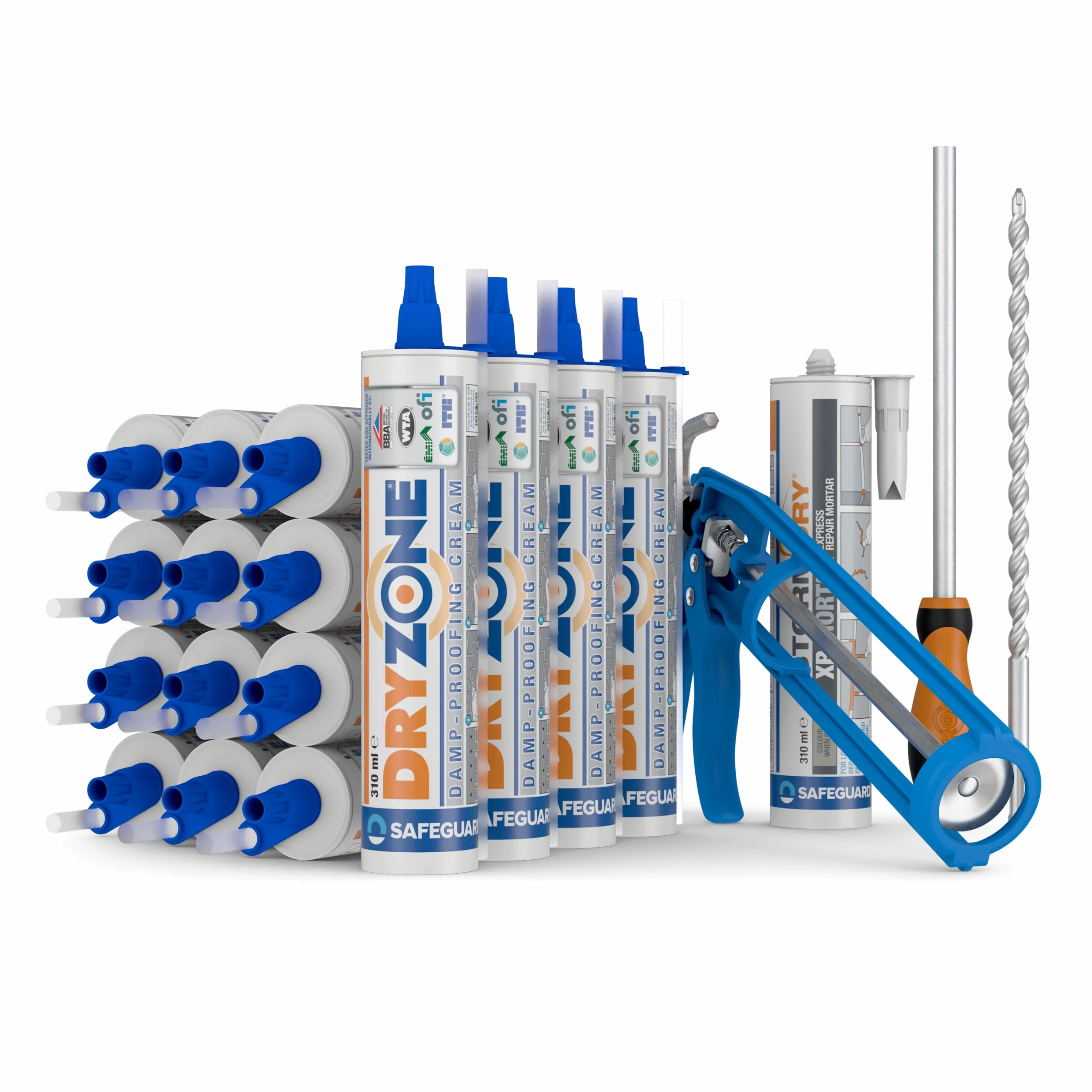 Dryzone - Przeciwwilgociowy krem iniekcyjny do zapobiega podciąganiu wilgoci w ścianach - Zestaw 24 metrów zabiegu - 16x310ml + Zaprawa + Wiertło + Narzędzie do czyszczenia otworów + pistolet do kitu