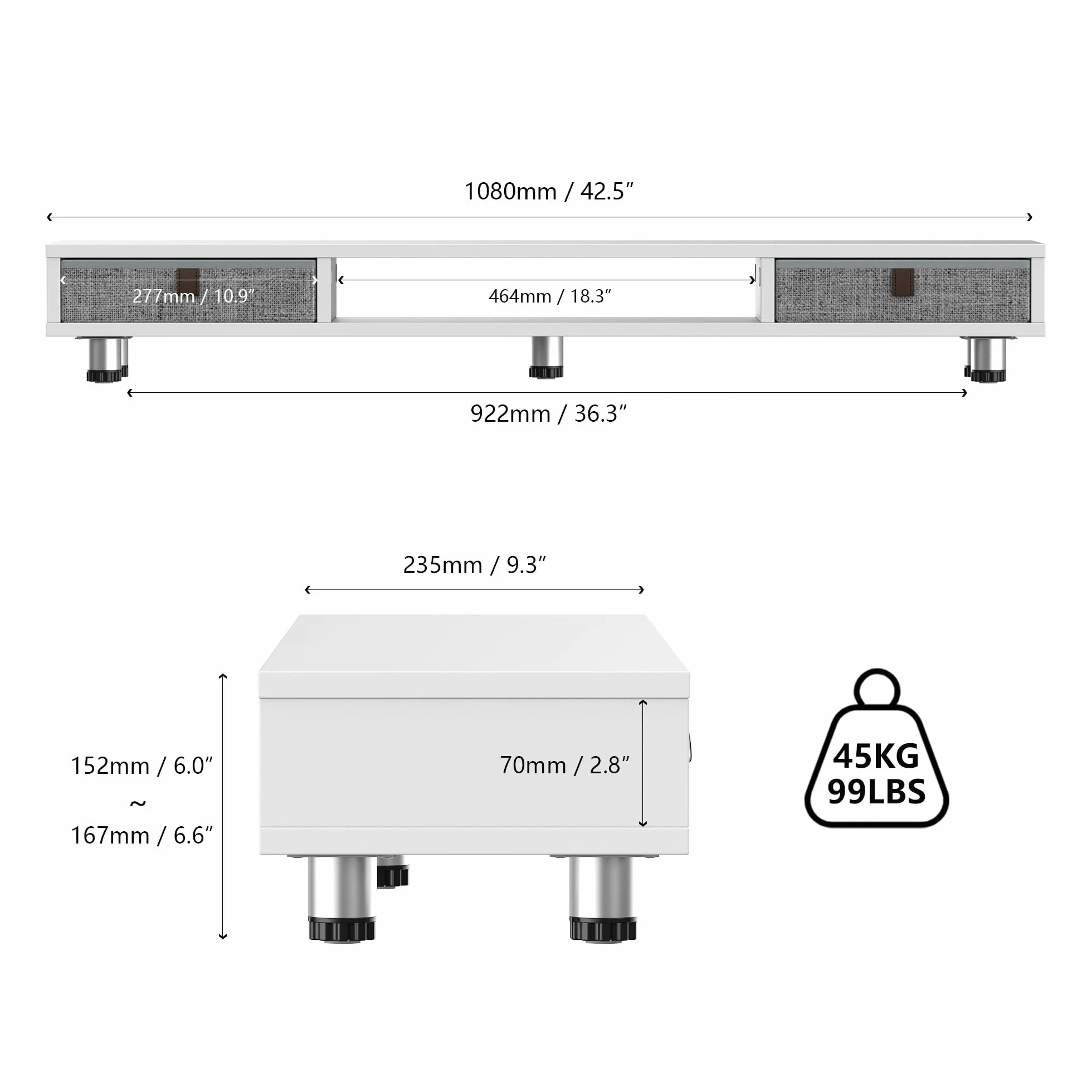Fenge Podwójny stojak na monitor z 2 szufladami, regulowany, 108 x 23,5 x 15,2-16,7 cm, biały