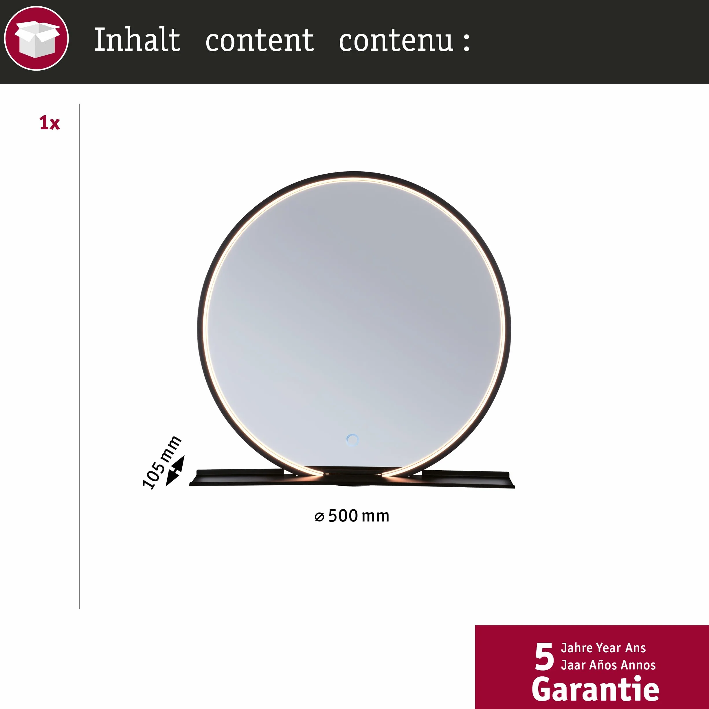 Paulmann 71090 LED lustro podświetlane Miro IP44 Tunable White 160lm 230V 10,5W lustro LED, czarny matowy oprawa łazienkowa