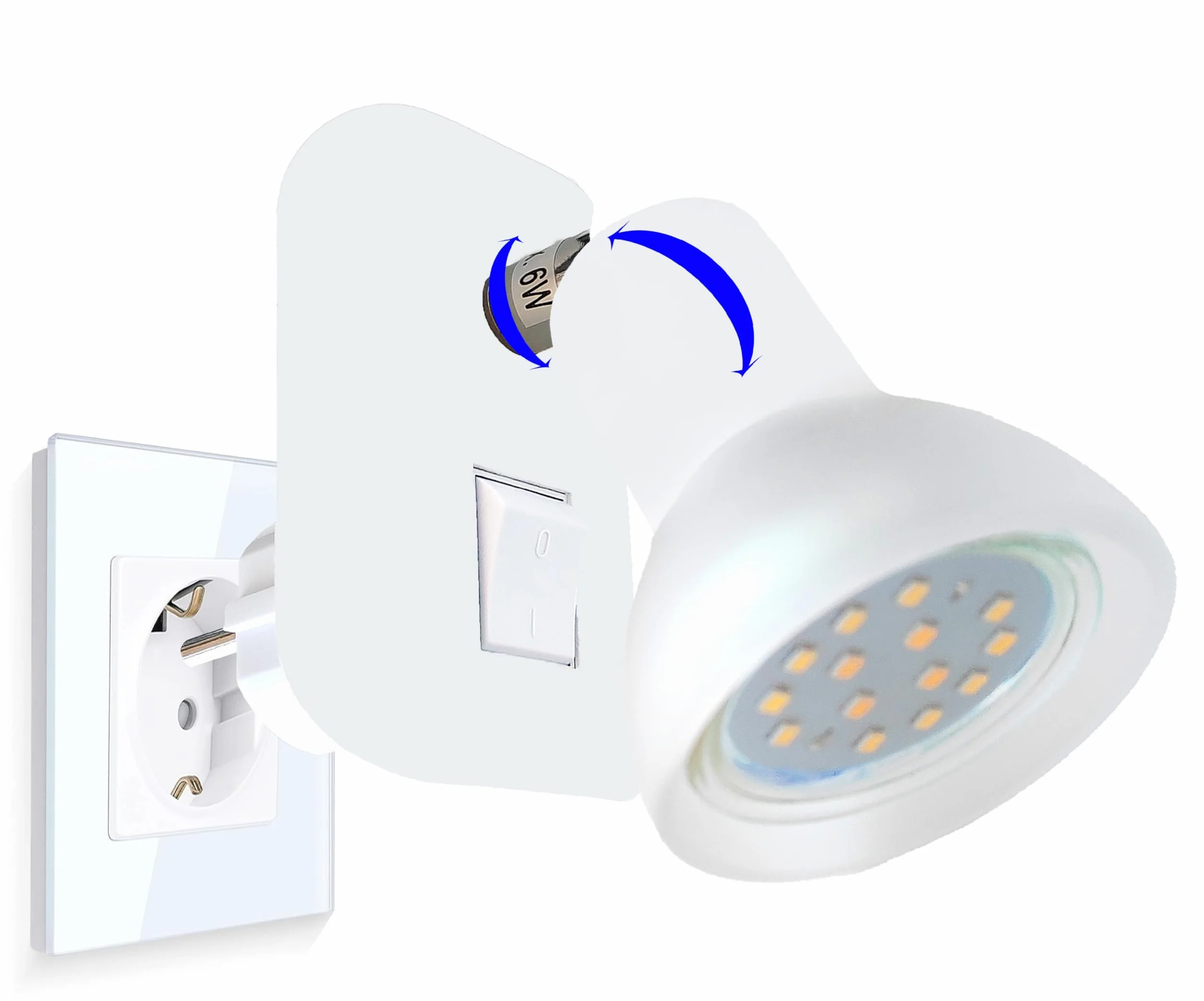 Trango Lampa wtykowa LED 11-046 w kolorze białym ze szklanym kloszem, lampka nocna z wtyczką wraz z 1 x GU10 3000 K ciepła biel żarówka LED i przełącznik ON/OFF lampka do czytania, lampa ścienna,