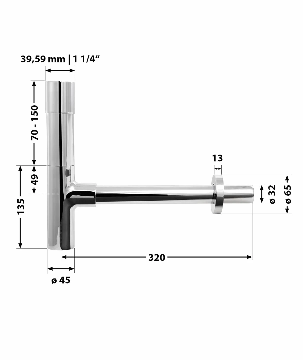 'aquaSu® luksusowy syfon na butelkę, 1 1/4 x 32 mm, otwór do czyszczenia, chrom, zamknięcie przeciwzapachowe do umywalki, okrągły syfon o długości 300 mm, metal, 22686 8