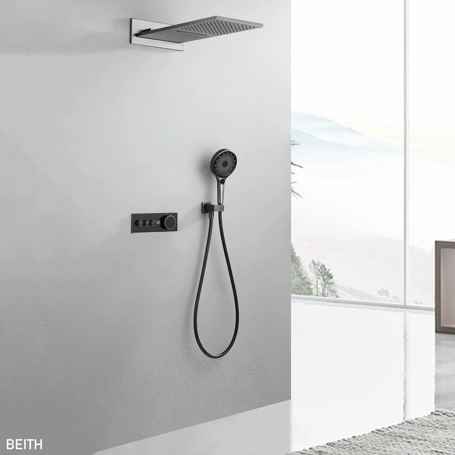 BEITH Termostatyczny zestaw prysznicowy 550 x 228 mm, kwadratowy, ukryty system prysznicowy z cyfrowym wyświetlaczem LED, 2 tryby montażu na ścianie, zestaw baterii prysznicowych, deszcz, wodospad, 3