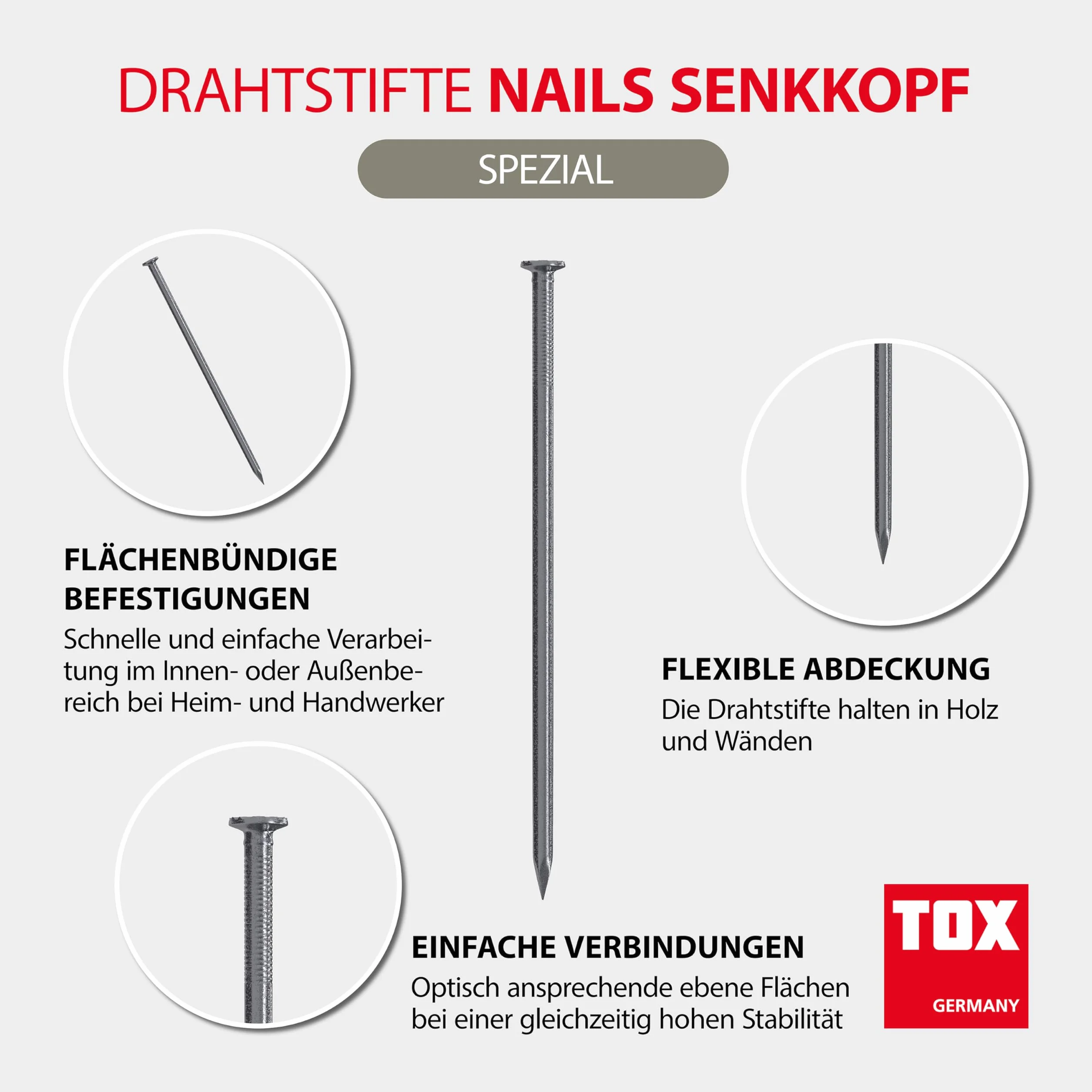 TOX Zestaw gwoździ 4 rozmiary z łbem stożkowym do drewna – 2,2x45/2,5x55/3,1x80/3,4x90 mm, stal surowa, 400 g, 063909006