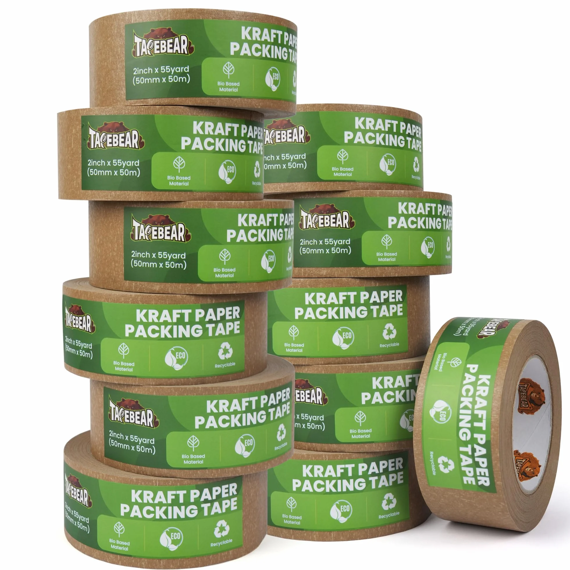 TAPEBEAR Przyjazna dla środowiska taśma klejąca z papieru typu kraft, 50 m x 50 mm, 12 rolek materiału biologicznego, brązowa, taśma do pakowania, degradacja, taśma do pakowania