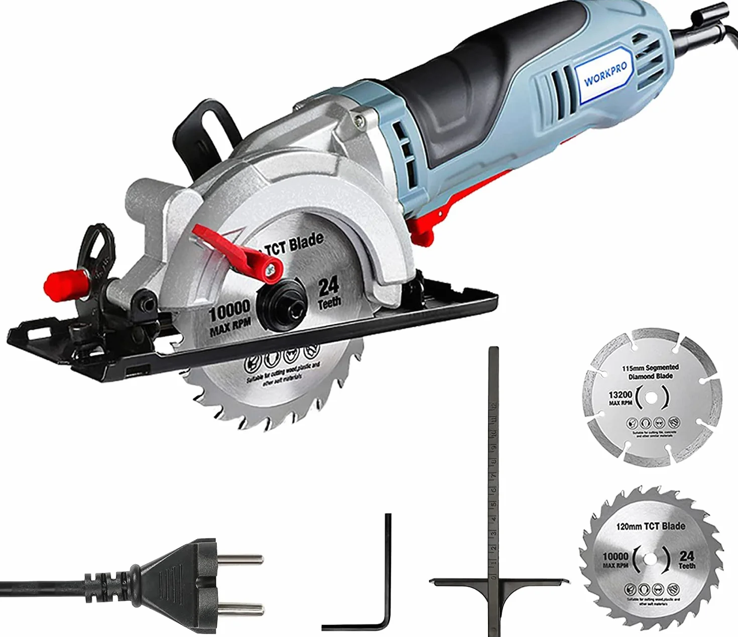 Workpro Mini piła tarczowa 750 W, 4700 obr./min, głębokość cięcia 45 mm (90°), 28 mm (45°), z szyną prowadzącą, 2 ostrzami (śr. 120 mm i 115 mm), prowadnicą, do cięcia drewna, miękkiego metalu, płytek