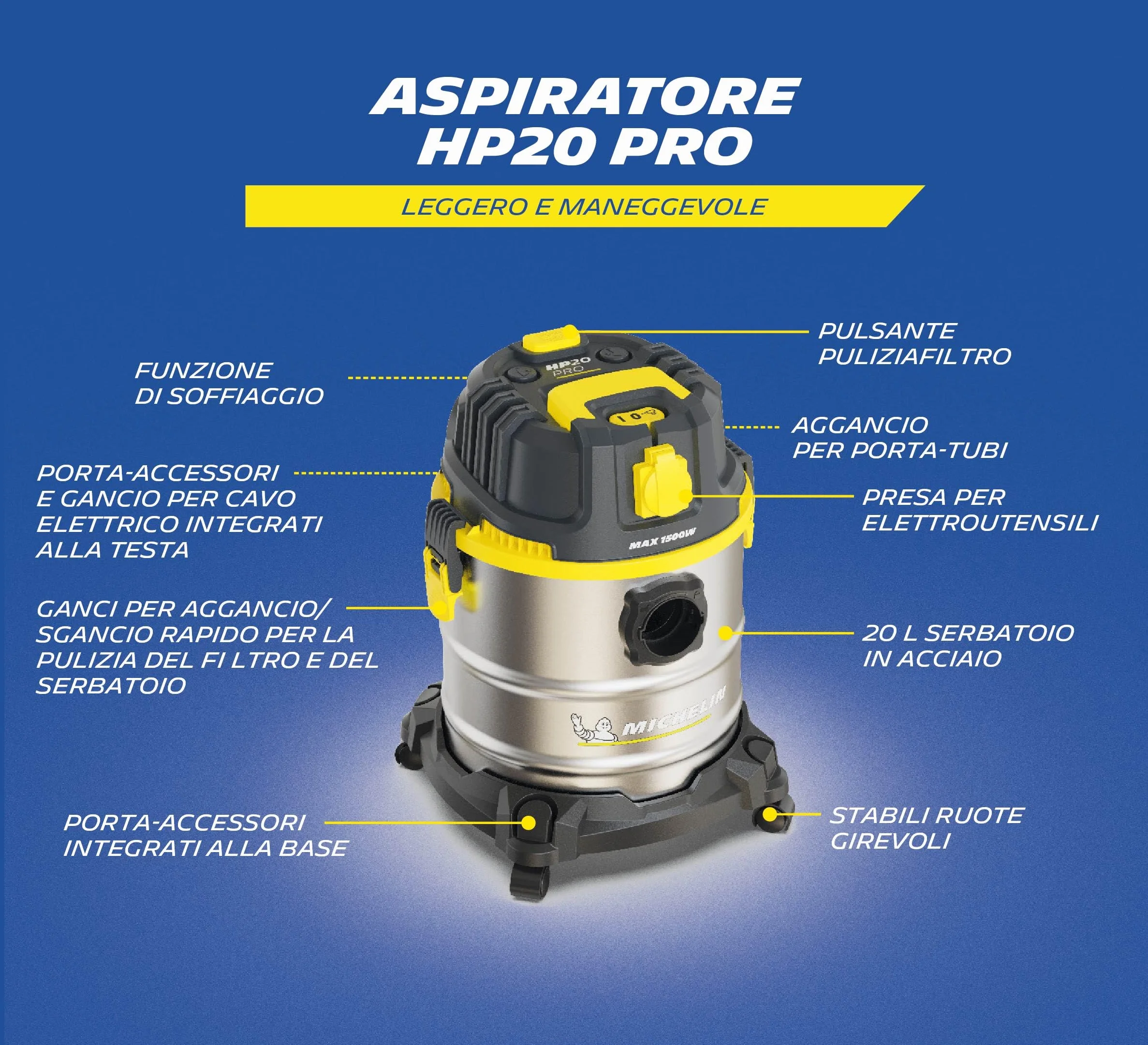 MICHELIN, Odkurzacz na stałe i ciecze, HP20 PRO, stalowy zbiornik 20 l, z gniazdem elektronarzędzi, 1200 W, z akcesoriami, funkcja dmuchania, 20 kPa