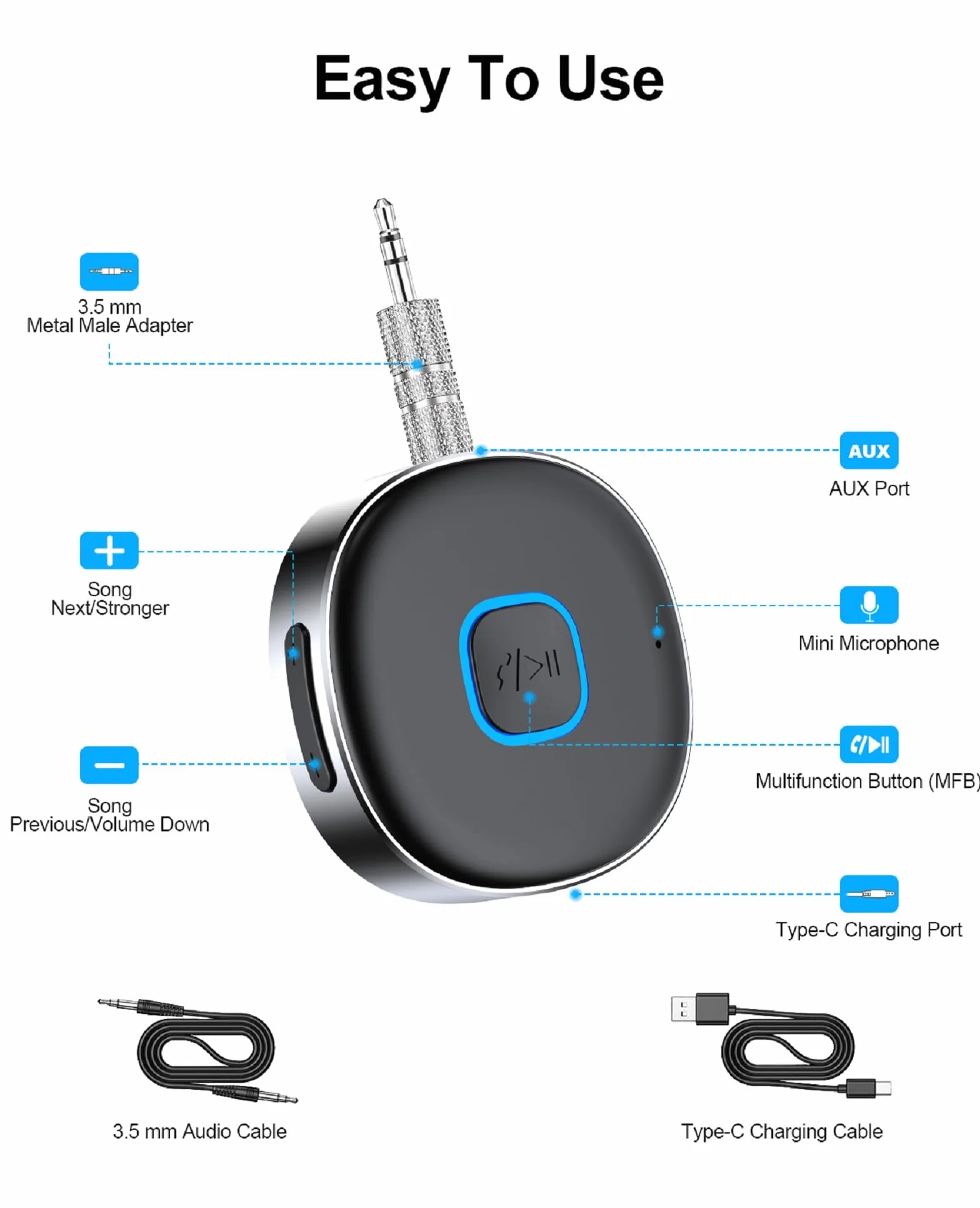 HORJOR AUX Bluetooth adapter samochodowy 5.0 bezprzewodowy głośnomówiący podwójne połączenie 16h