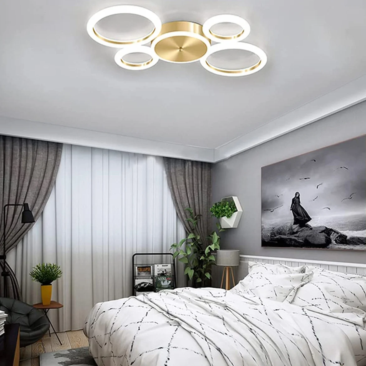 Nowoczesna lampa sufitowa LED do salonu z pilotem ściemniane oświetlenie sypialni lampy sufitowe okrągły pierścień projekt zawieszenie kuchnia restauracja żyrandol metalowy,5 rings