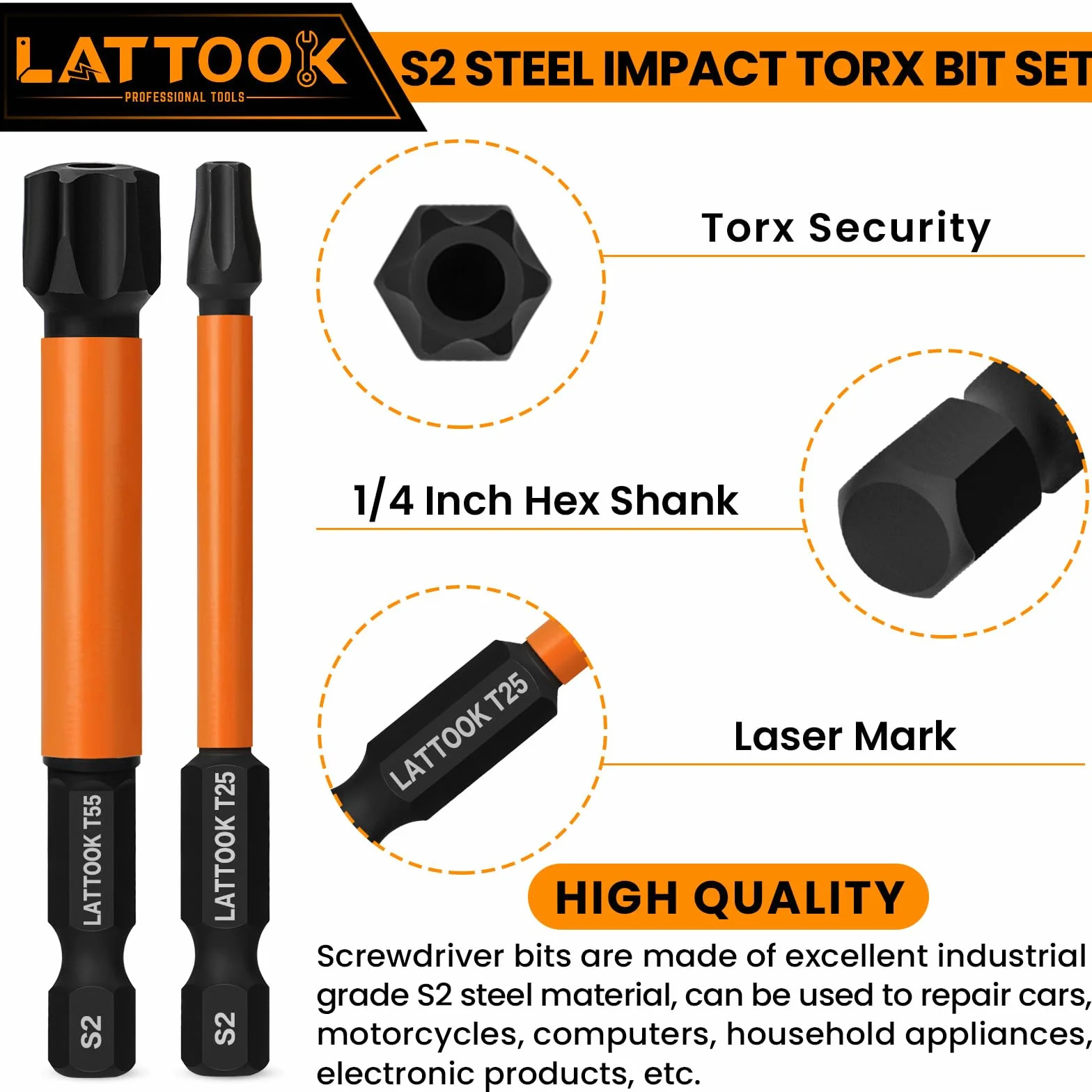 Zestaw bitów Torx Impact Torx, zestaw bitów Torx zabezpieczający przed manipulacją, stal magnetyczna S2, długość 3 cali, T10-T55