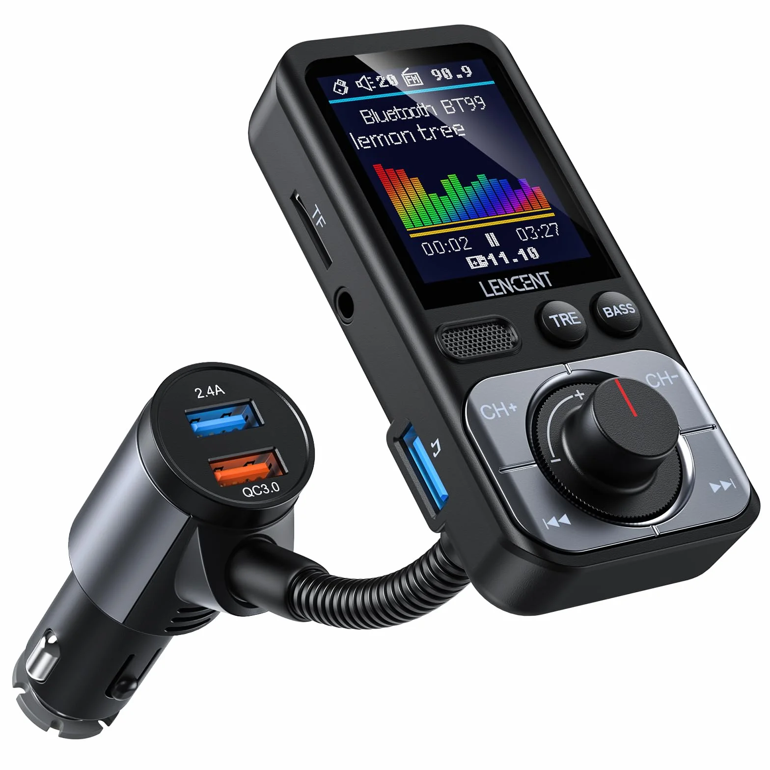 LENCENT 5.0 Samochodowy Nadajnik FM Bluetooth z Adapter AUX Bezprzewodowy QC3.0 USB-A Zestaw Głośnomówiący HiFi