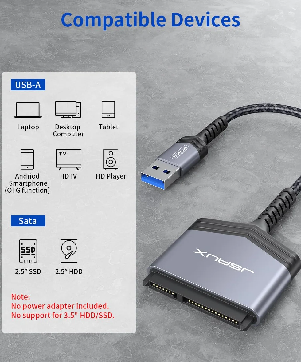 JSAUX Adapter SATA na USB do dysków twardych 2,5 cala SSD i HDD, USB 3.0 do SATA III, nylonowy kabel [obsługuje UASP], kompatybilny z Windows, MacOS, ChromeOS, Linux, szary