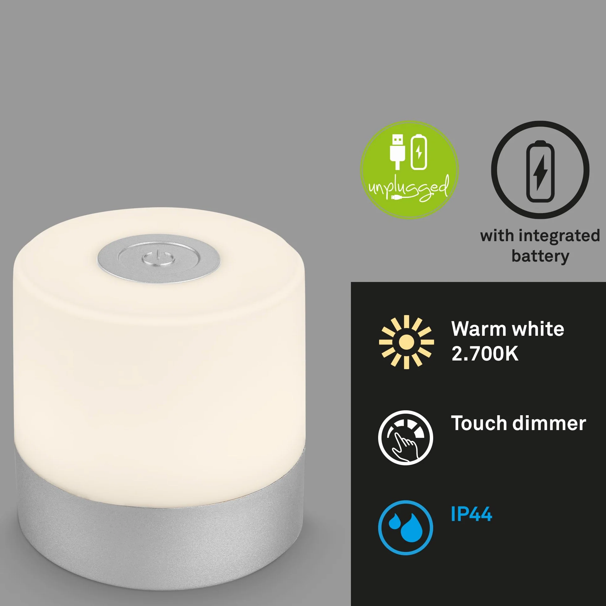 BRILONER – Mini lampka stołowa LED bezprzewodowa, Touch ściemniana, lampka nocna dla niemowląt, USB-C, do czytania i biurka, Ø70x70mm, srebrna, matowy chrom – elegancja i wygoda użytkowania