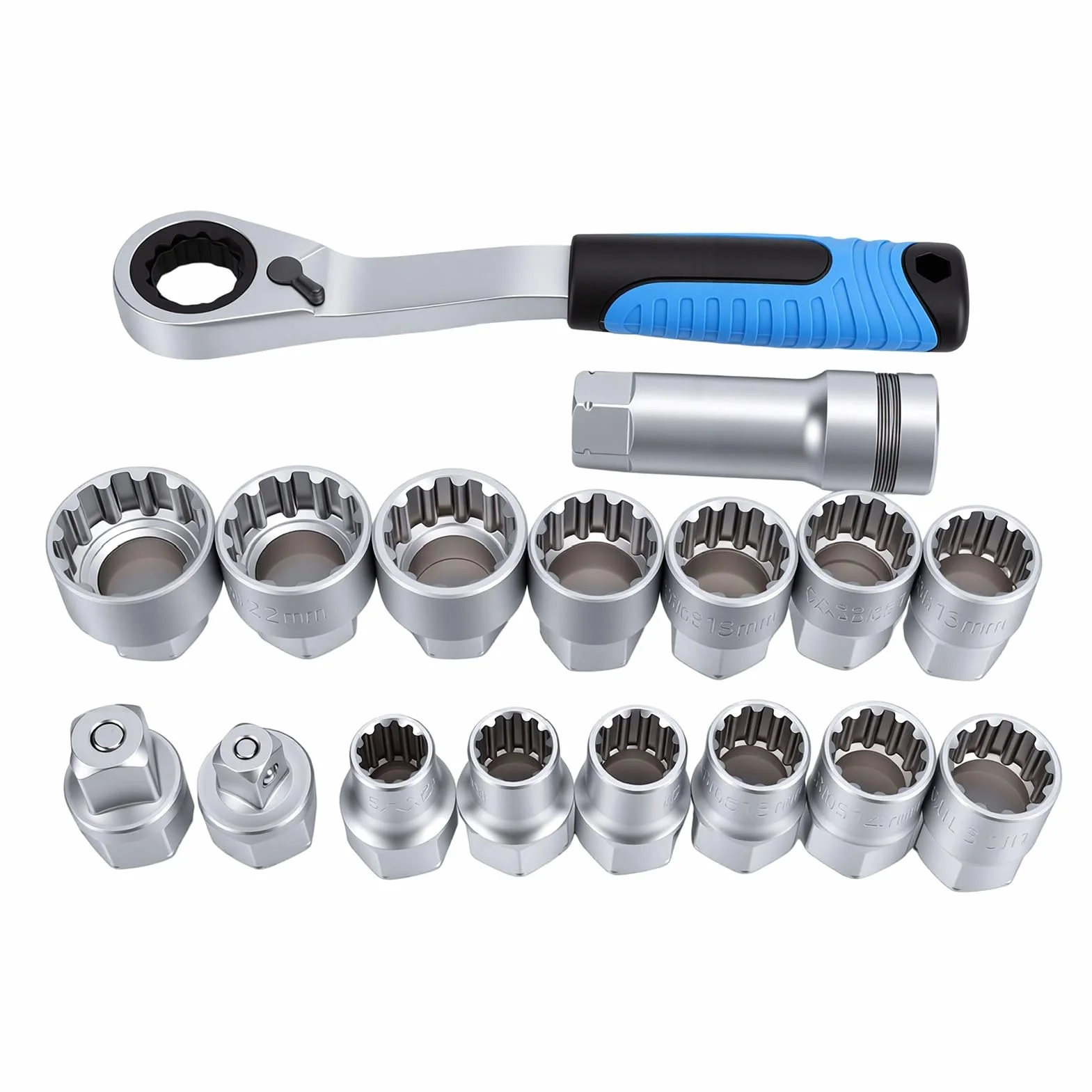 banapoy 17 szt. Zestaw Nasadek Przelotowych 3/8" 1/2", Klucz Grzechotkowy z Napędem, Nasadki 10–24 Mm, Grzechotka z 72 Zębami, do Grzechotki Standardowej, Grzechotka Przelotowa