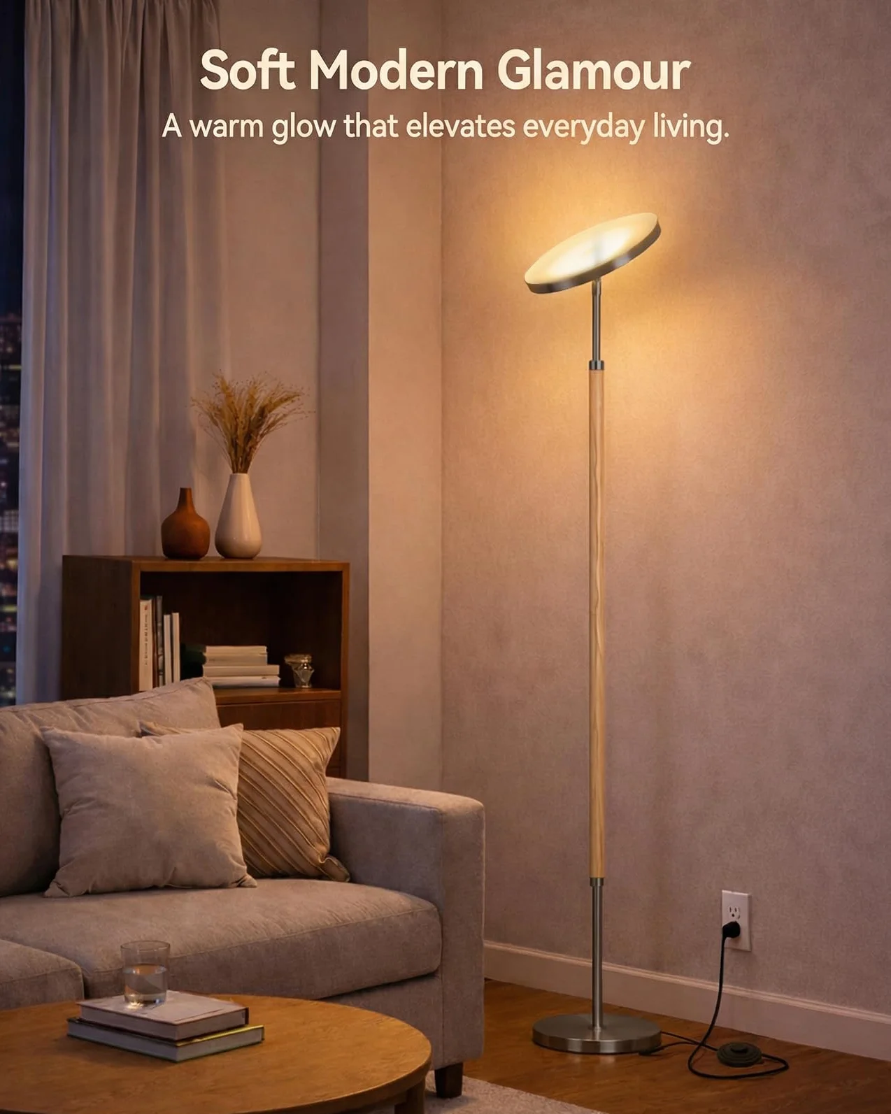 JOOFO Drewniana lampa podłogowa Torchiere, super jasna, bezstopniowa ściemniana, lampa stojąca LED, z pilotem zdalnego sterowania, regulowana temperatura barwowa 3000-6500 K, z timerem, do salonu