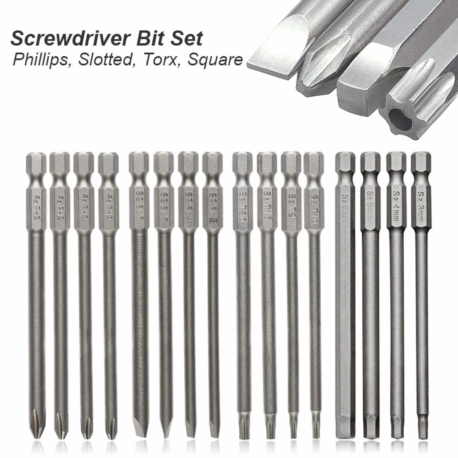 Zestaw bitów do wkrętaków z rowkiem Phillip Square Torx Końcówka wiertła do śrub Mocny magnetyczny adapter Długi krzyżak Narzędzie precyzyjne Kij 100 mm (bity do wkrętaka 16 szt.)