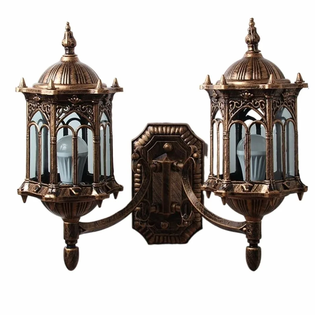 Wejścia Lampa Zewnętrzna Podwójna Głowica Kinkiet Zewnętrzny Aluminiowy Europejski Styl Wodoodporny Szklany Taras Lampa Ogrodowa Oświetlenie Ogrodu(Bronze)