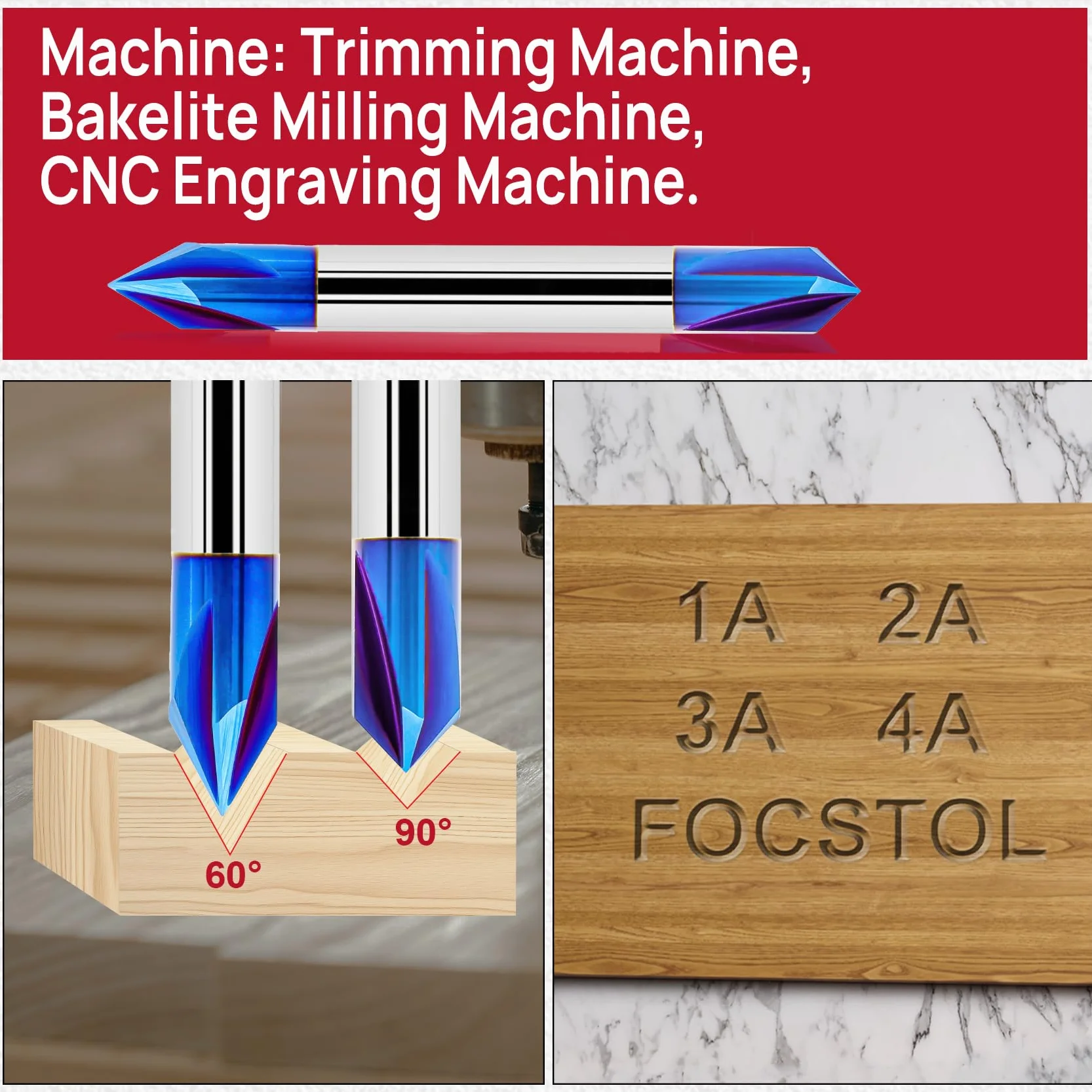 FOCSTOL Frezy CNC w kształcie litery V 60/90 stopni - 5 sztuk 4 śmigła V Rowek Frez z trzonkiem 6,35 mm z powłoką Nano Blue do grawerowania i fazowania CNC drewno sklejka płyta wiórowa MDF