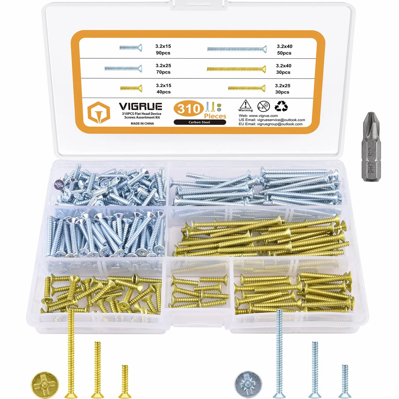 VIGRUE 310 sztuk śrub do puszek przełączników, wkrętów do puszek 3,2 x 15 mm, 3,2 x 25 mm, 3,2 x 40 mm, śruby z łbem stożkowym z PZ1/wkrętami szczelinowymi i śrubami krzyżowymi w skrzynce