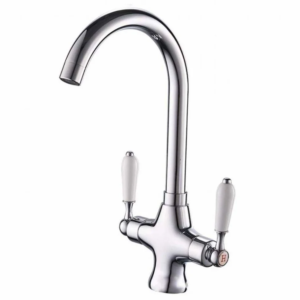 Obrotowy o 360 ° Nowoczesna bateria kuchenna Dwuuchwytowa bateria do mieszania ciepłej i zimnej wody Bateria zlewozmywakowa z ceramicznymi mosiężnymi uchwytami Z ABS Bubbler Deck Mounted Wat