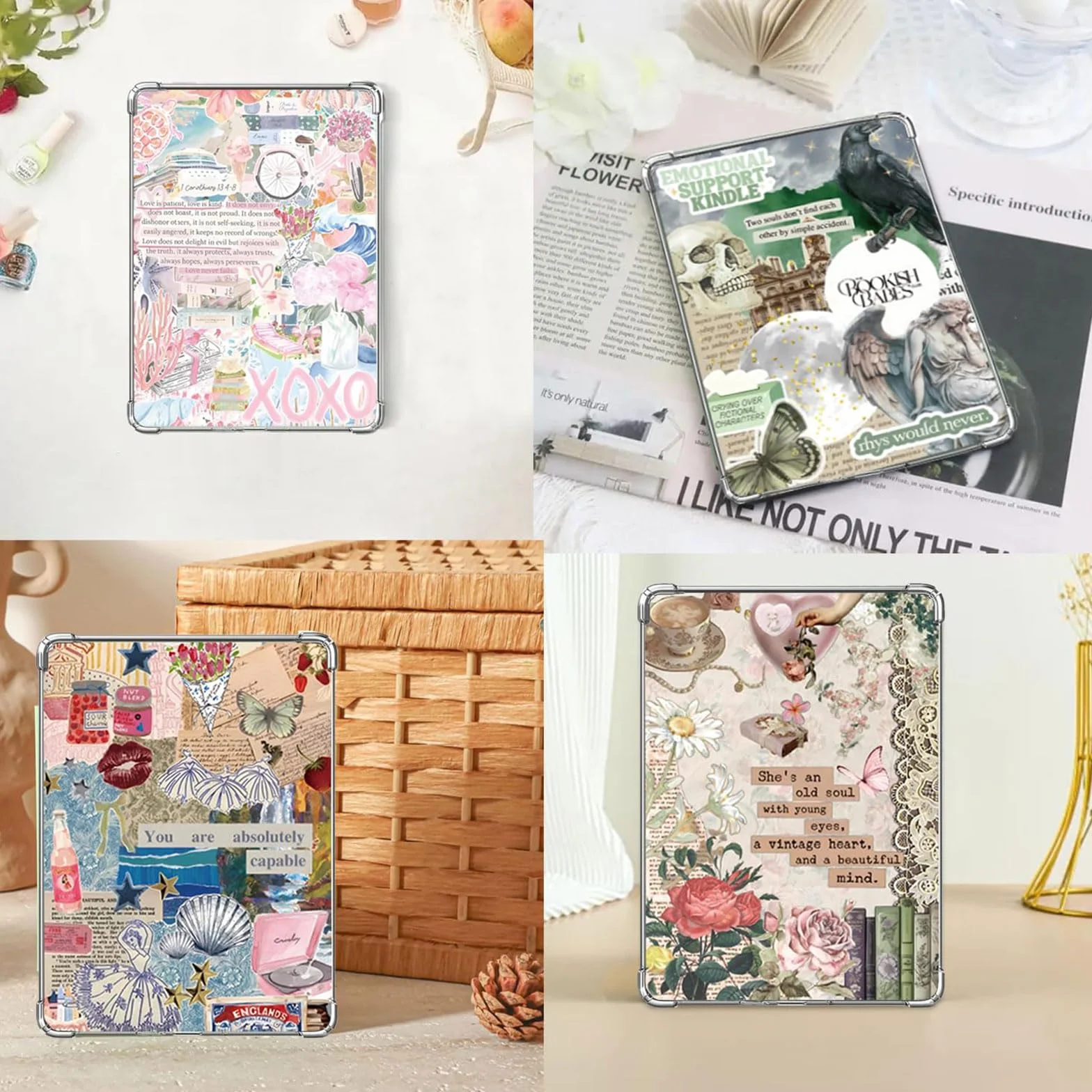 VelvetGlow 6 szt. wkładek do etui Clear Case na czytnik e-booków i 2 szt. zatyczek antykurzchowych Retro Phone Charm Set, wkładki kartonowe 17,3 x 12,2 cm kompatybilne z Kindle Paper White 11./12