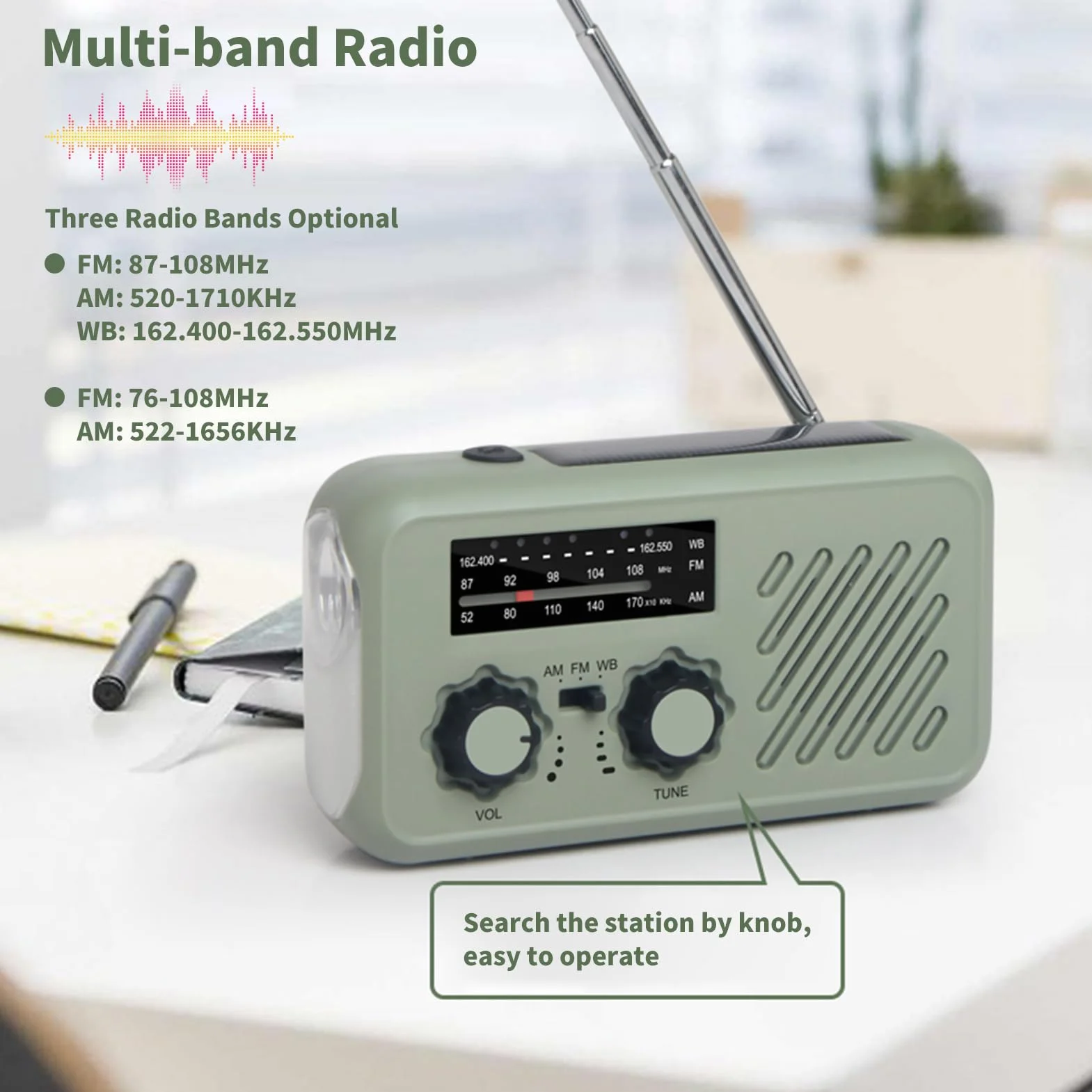 Radio awaryjne AM/FM z korbą solarną, dynamo, powerbank 2000 mAh, LED na kemping