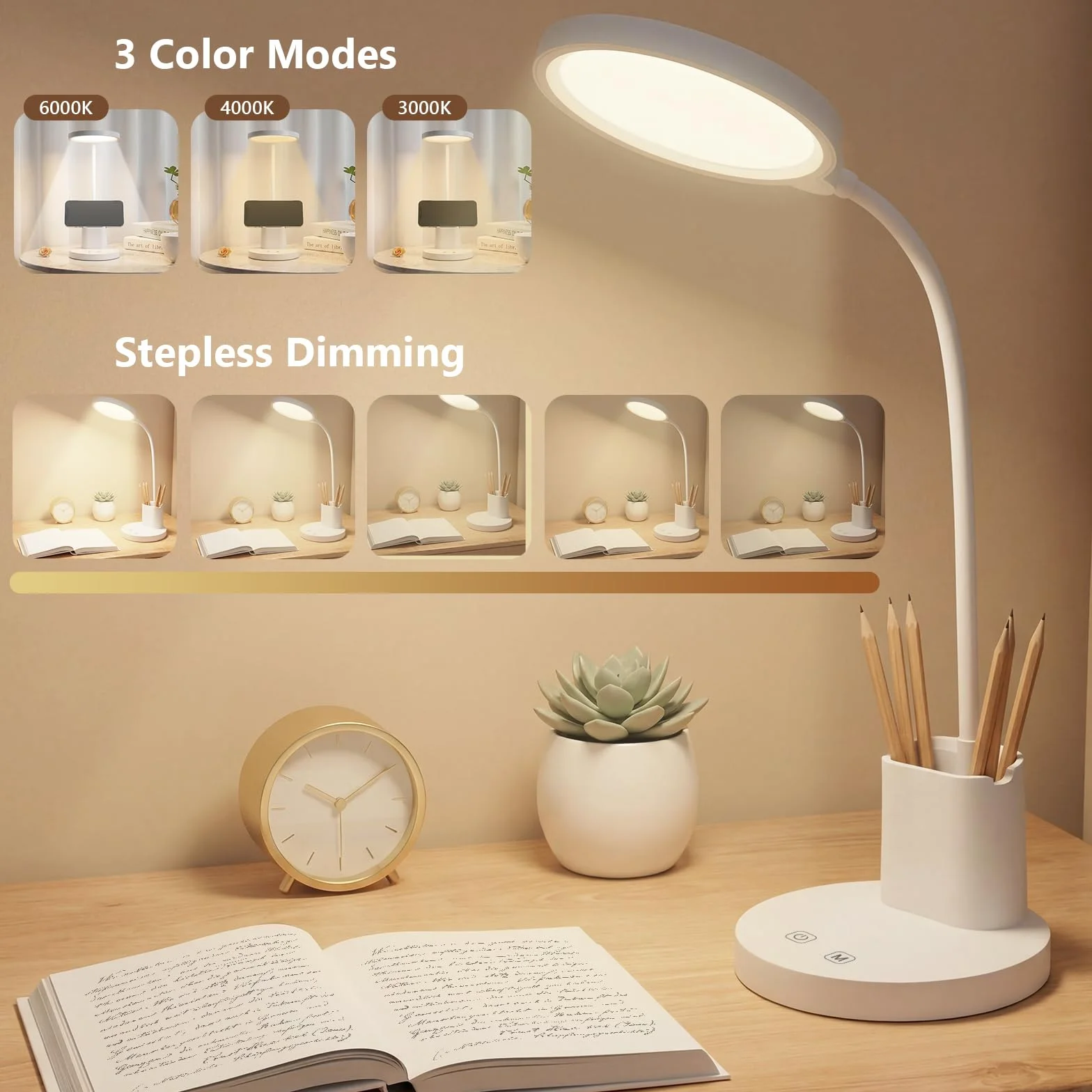 LQWELL Lampka biurkowa LED Touch dla dzieci i dorosłych, 360°, gęsia szyja, 3 kolory i regulacja jasności, z uchwytem na długopis i telefon, przewód zasilający 1,2 m, wtyczka, kolor biały