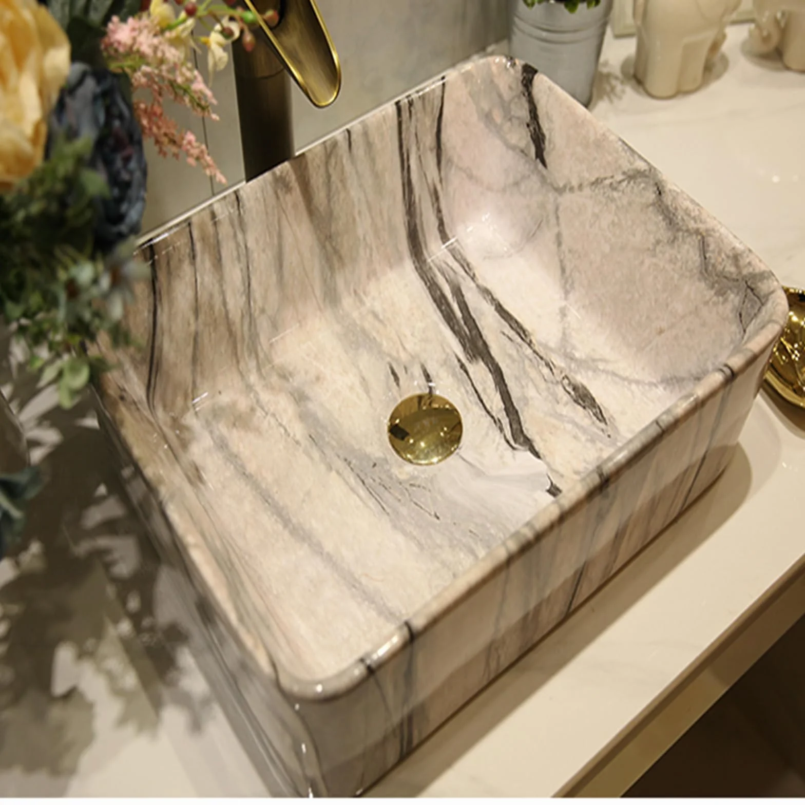 Stylowa, Prostokątna, Marmurowa Umywalka Nablatowa Z Odpływem Kranu, Elegancka Ceramiczna Miska Łazienkowa, Umywalka Nablatowa W Nowoczesnym Stylu