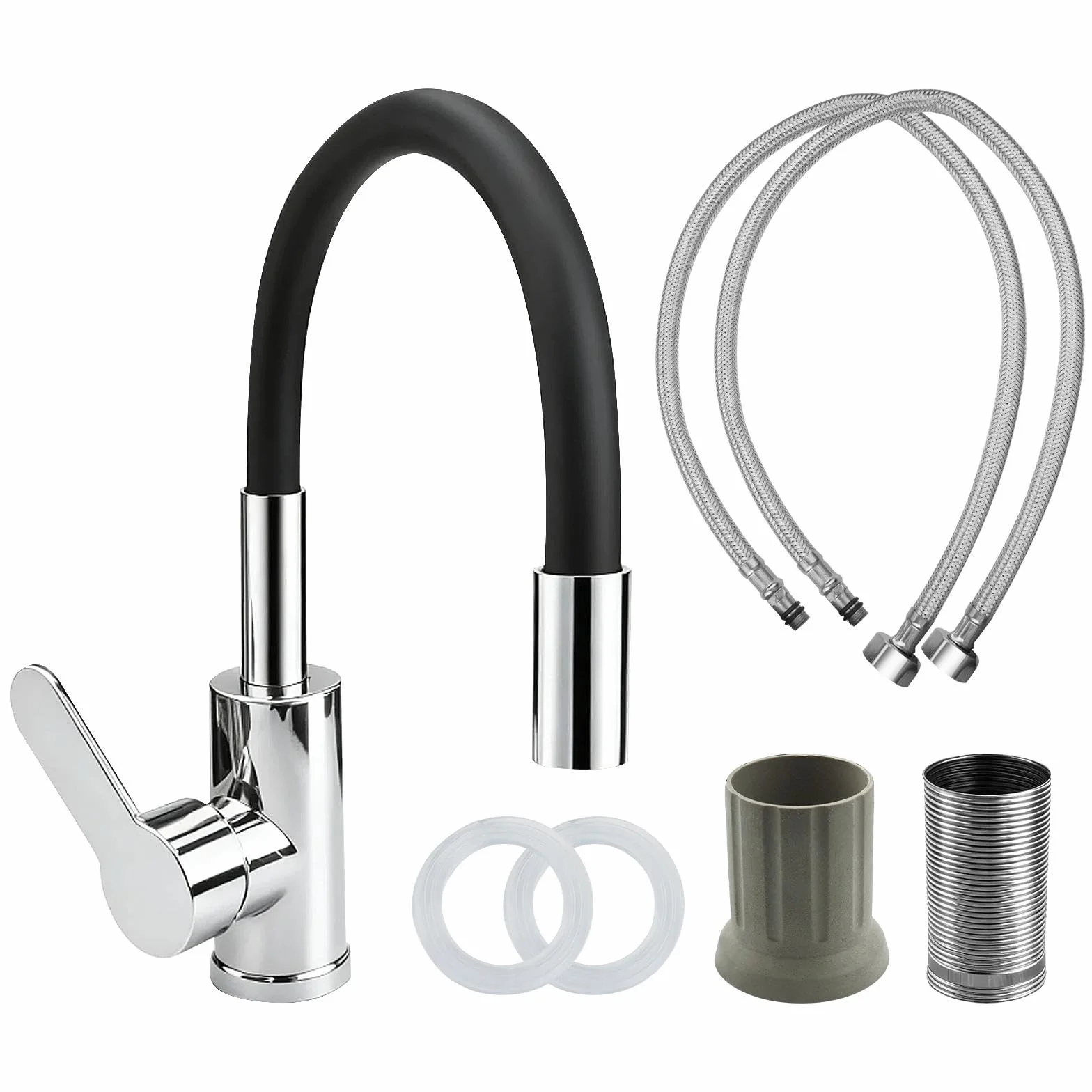 Bateria kuchenna obrotowa o 360° – obrotowa bateria zlewozmywakowa ze stopu cynku z ceramicznym wkładem, ciepła i zimna woda, filtr aeracyjny, z 2 elastycznymi rurami ze stali nierdzewnej,
