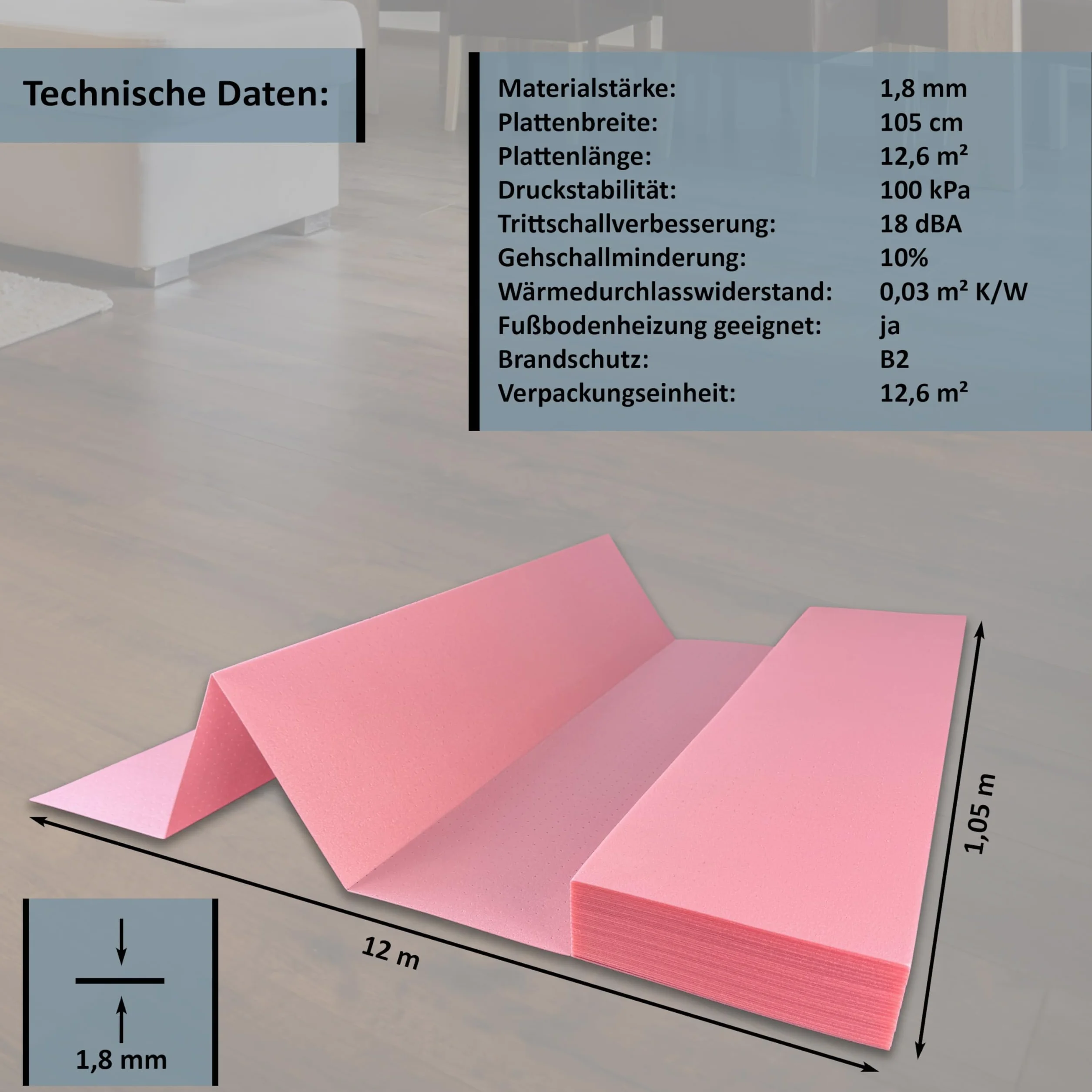 Laminat i parkiet podkład do montażu redukcji hałasu dla ogrzewania podłogowego uficell XPS-Quick PLUS, grubość: 1,8 mm (1 paczka | 12,6 m²)