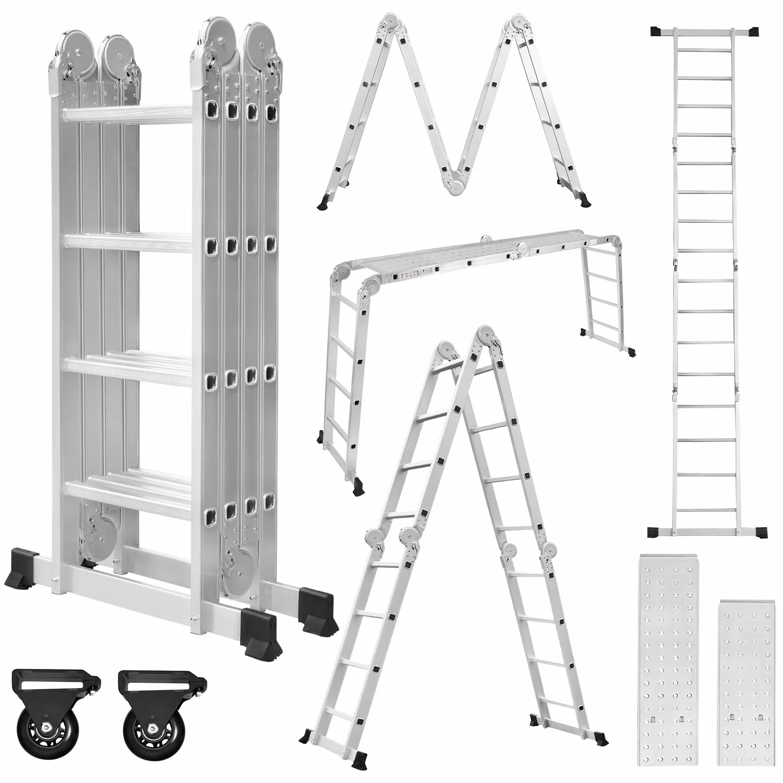 Aufun Aluminiowa drabina uniwersalna 470 cm 6 w 1 drabina aluminiowa, Drabina przegubowa z platformą 4x4 stopnie aluminiowa wielofunkcyjna schodowa,obciążenie 150 kg
