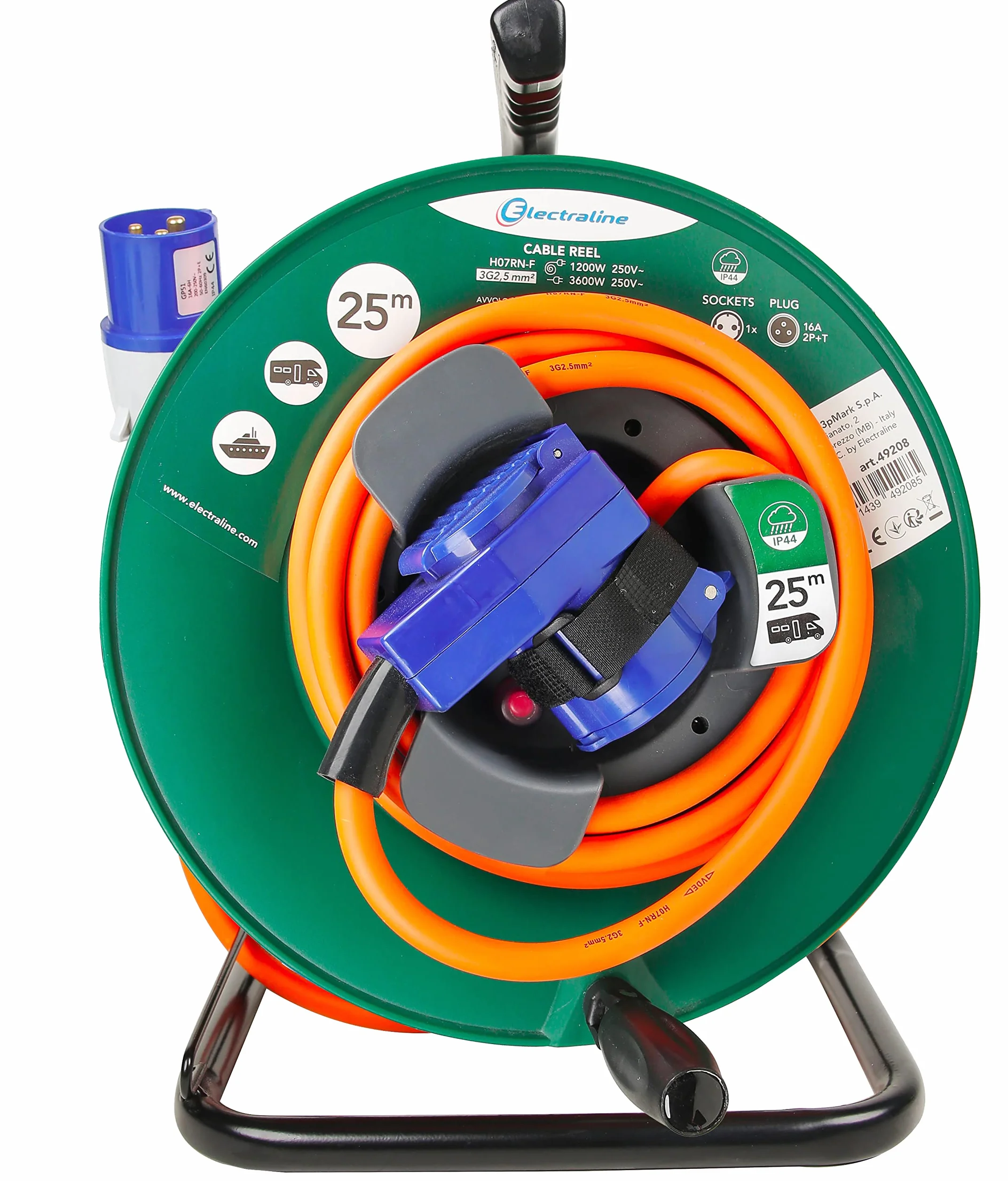 Electraline 49208 Gumowy przedłużacz elektryczny z 25-metrowym bębnem kablowym do samochodu, kempingu, przyczepy kempingowej, z podwójnym 1 wtykiem CEE + 1 Schuko, H07RN-F 3G2,5 mm IP44, Zielony