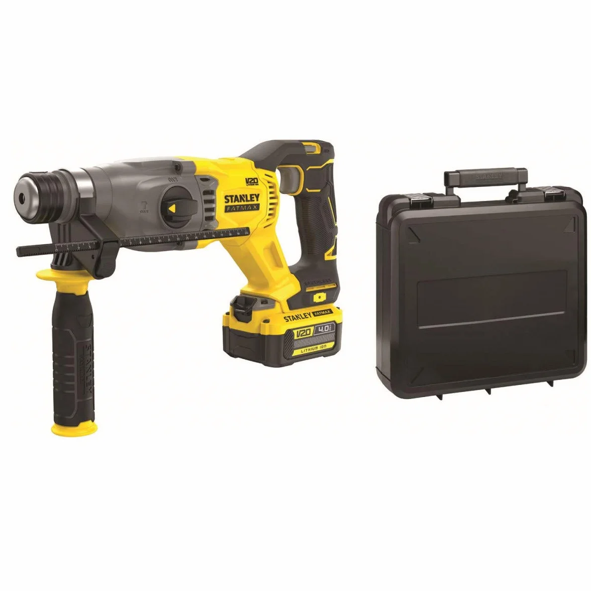 STANLEY FATMAX, Bezszczotkowa młotowiertarka udarowa SDS Plus 18V V20 z dwoma akumulatorami 4,0 Ah i kufer, SFMCH900M22-QW