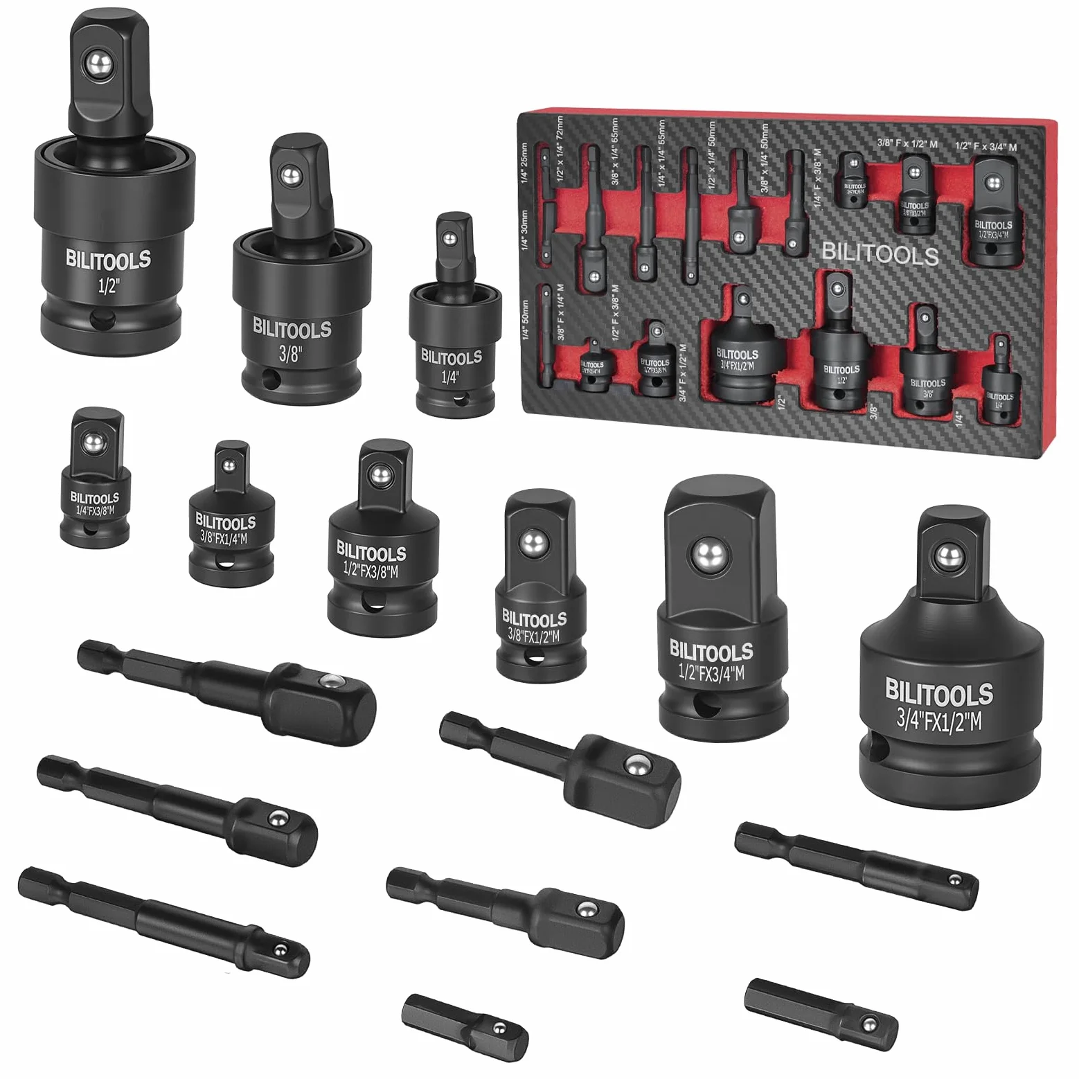 BILITOOLS Zestaw adapterów nasadowych 17-częściowy zawiera reduktor, uniwersalny zestaw nasadek do przegubów, adapter wiertarski 1/10.2 cm 3/20.3 cm 1/5.1 cm