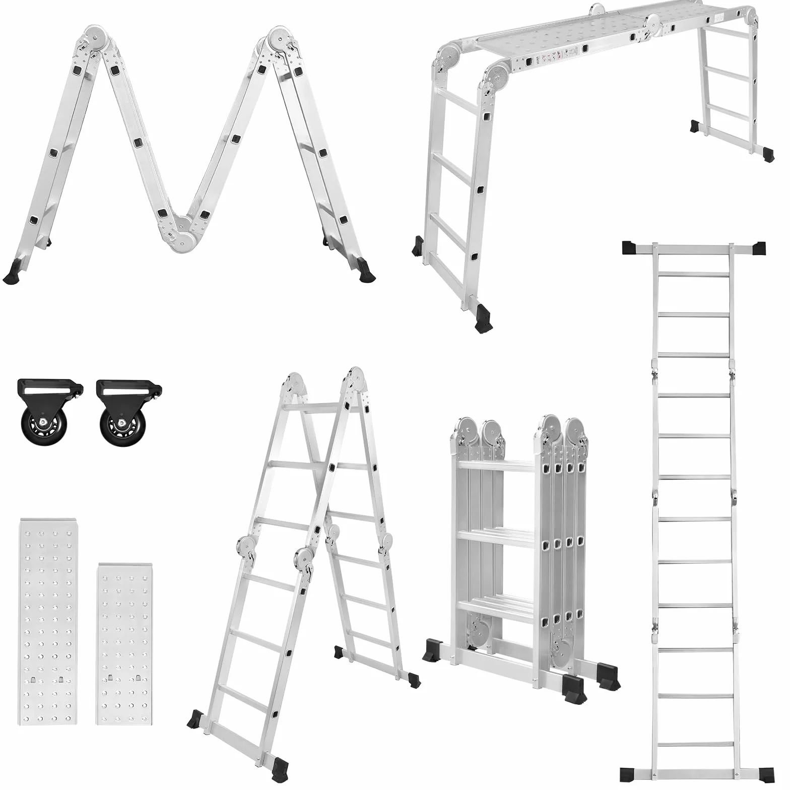 Aufun Wielofunkcyjna drabina ze stopu aluminium, drabina wielofunkcyjna, do 150 kg, 16 stopni z 2 płytami rusztowania, srebrna
