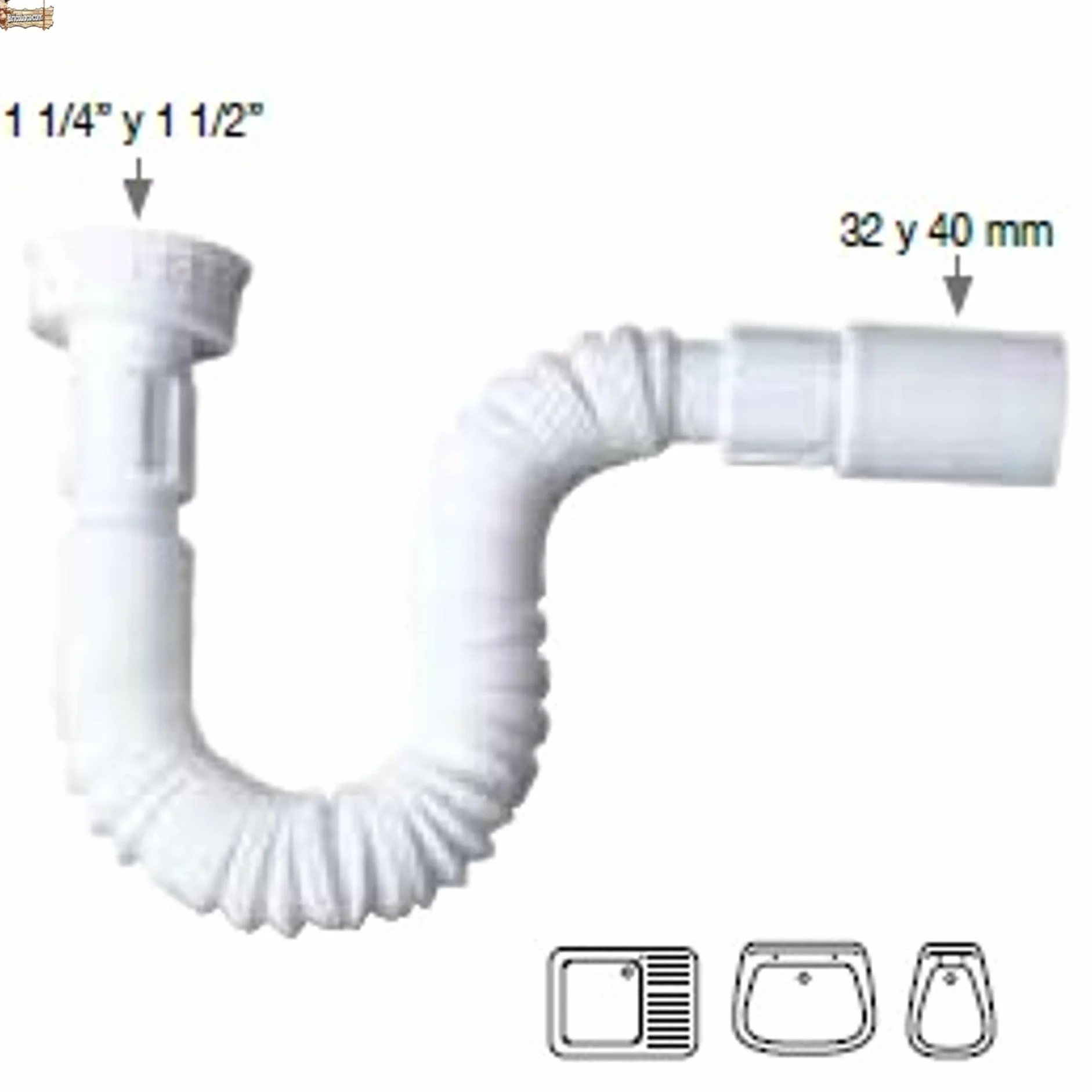 BricoLoco.com Elastyczny i rozszerzalny syfon spustowy. UNIWERSALNY 1-1/4" lub 1-1/2" i wyjście 32 lub 40 mm. Do umywalki, zlewu, bidetu, łazienki lub kuchni. Biały wąż spustowy. (3)