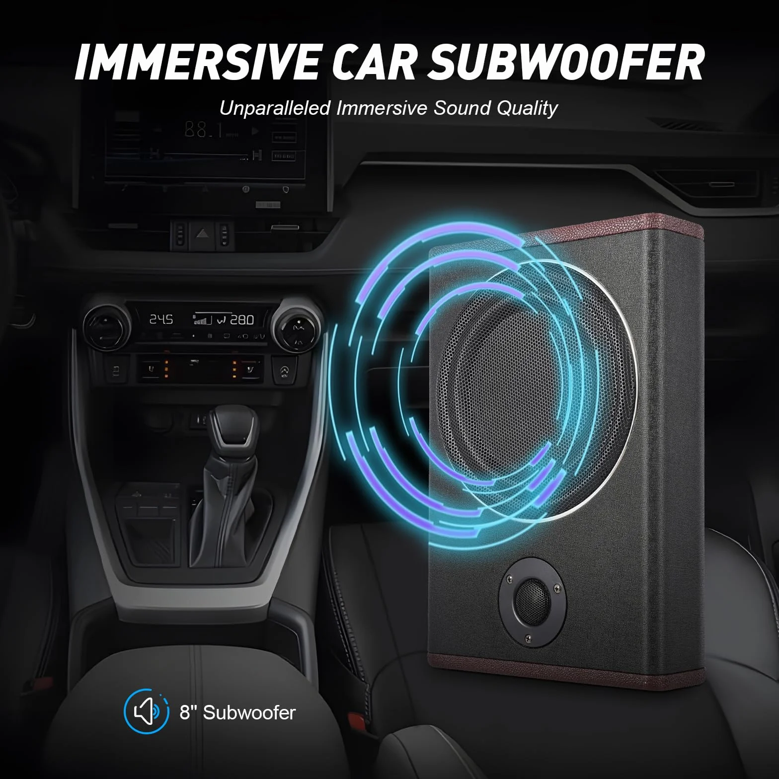 Subwoofer 8", 600 W, aktywny powered subwoofer pod siedzeniem, 12 V, wbudowany wzmacniacz do samochodów ciężarowych, kamperów, czarny
