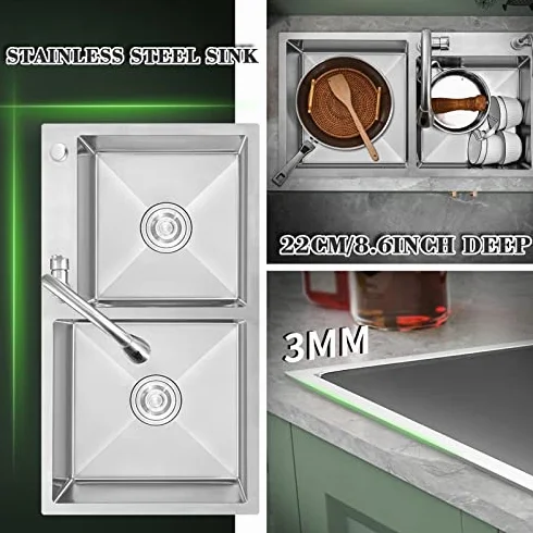 Zlewozmywak kuchenny z podwójną miską z górnym mocowaniem dla łatwej instalacji i wydajności