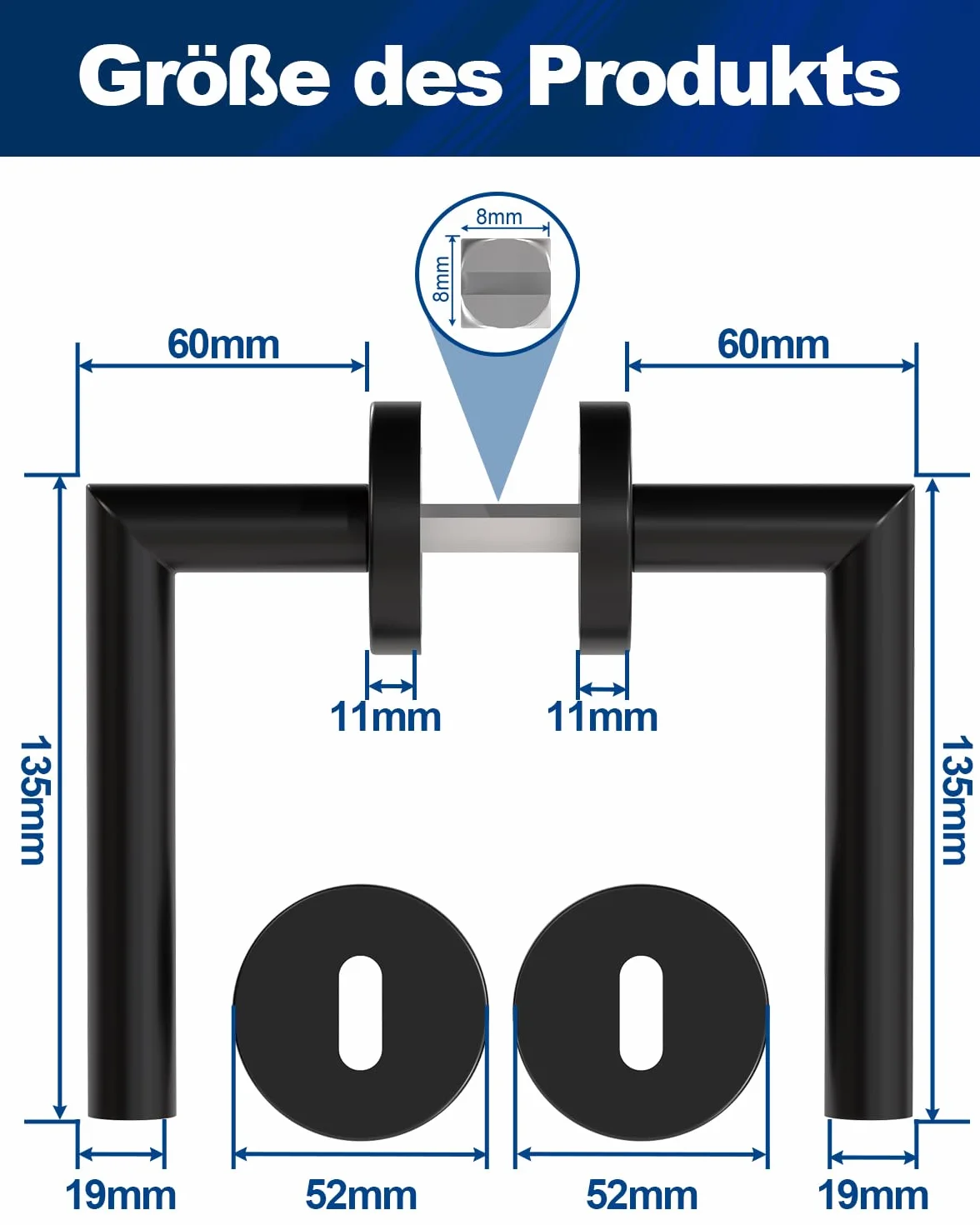 DIYGEEK Klamki do drzwi wewnętrznych, klamka czarna malowana proszkowo do klamek drzwi pokojowych, zestaw klamek ze stali nierdzewnej z rozetą Ø 52 mm BB-Buntbart, kształt litery L