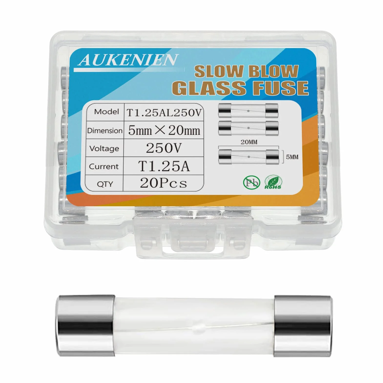 AUKENIEN 1,25 A, 1,25 A 250 V, bezpieczniki szklane soczewkowe 5 x 20 mm, T1,25 A, bezpiecznik szklany opóźniający rurę